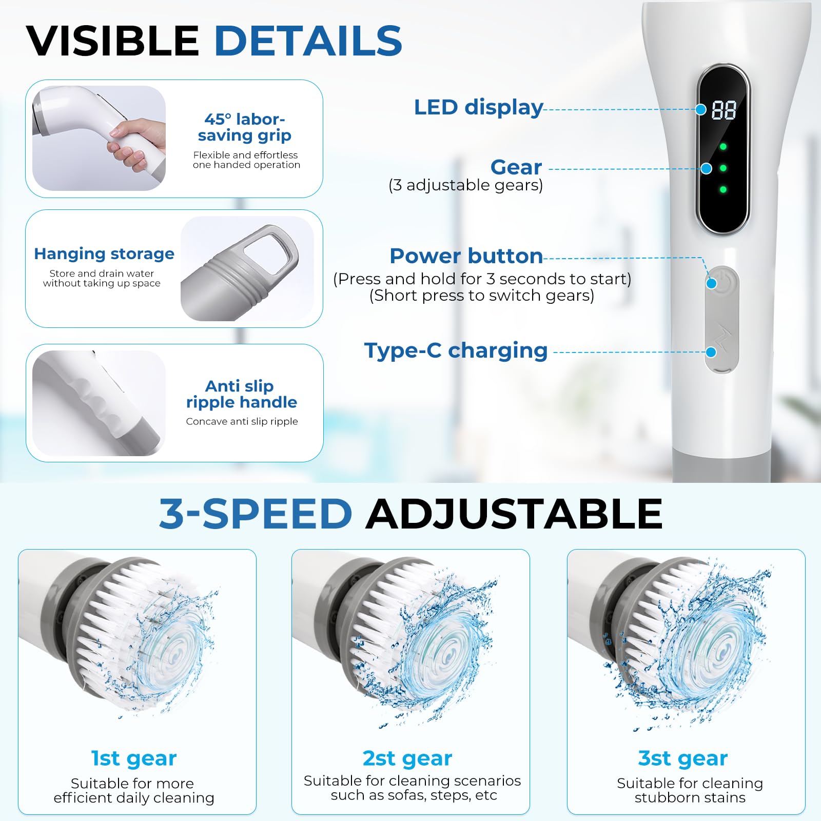 Brosse Nettoyage Electrique Rotative, Brosse Electrique Nettoyage avec 9 Têtes Interchangeables, Manche Réglable, IPX7 Étanche, 3 Vitesses, Electric Spin Scrubber pour Salle de Bain, Cuisine, Voiture