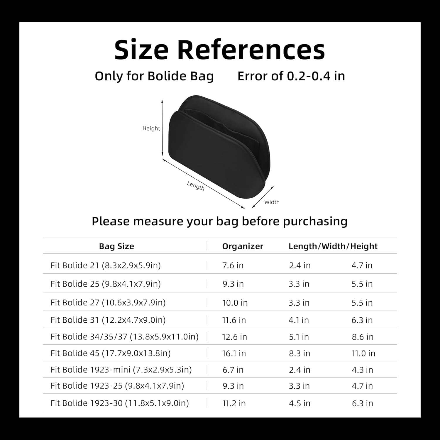DGAZ Silk Purse Organizer Insert Fits Bolide 1923mini/25/27/31/35,Silky Smooth Bag Organizer，Luxury Handbag & Tote Shaper(Black,1923 Bolide mini)