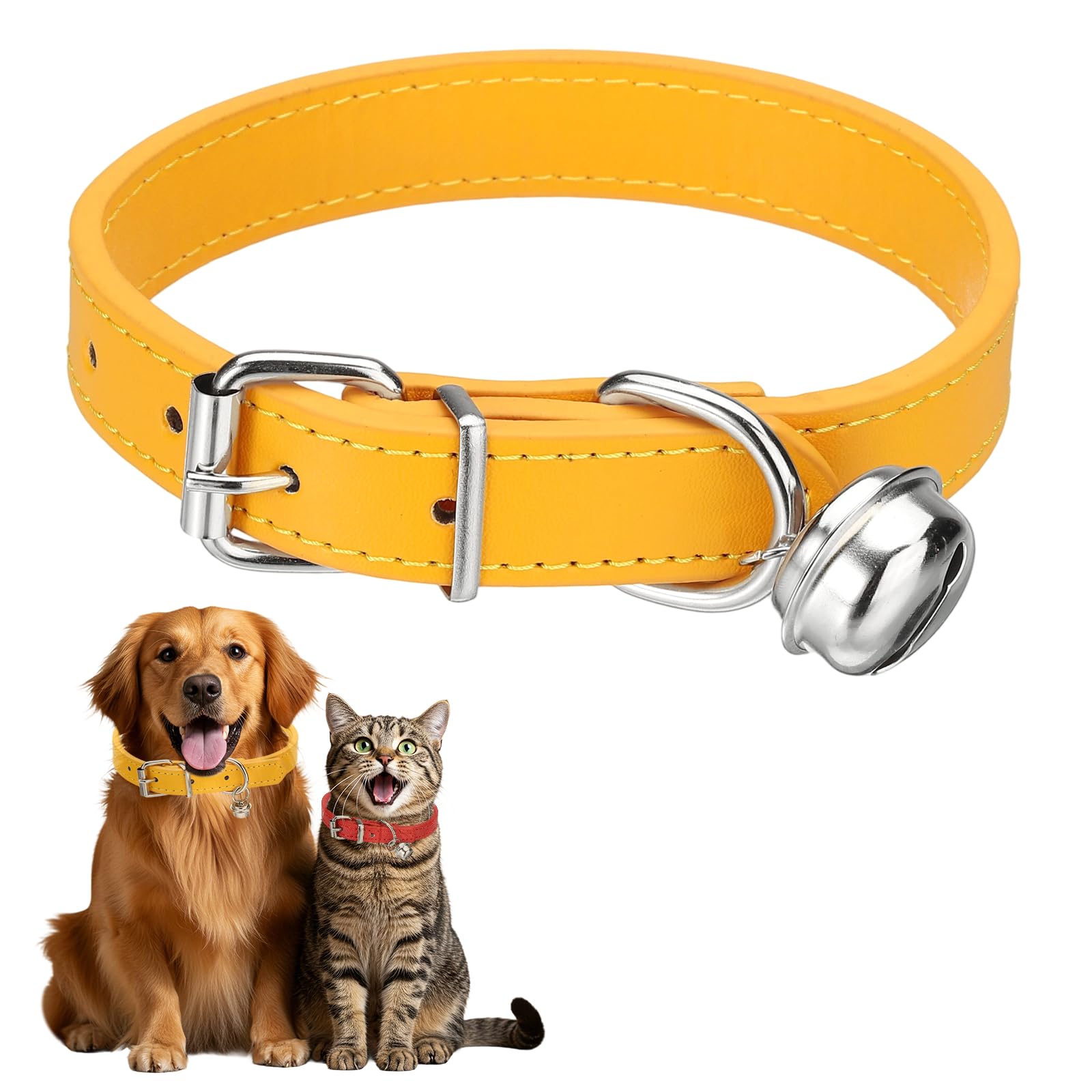 sourcing map Dog Collar with Bell, Pu Leather Cat Collars Pet Basic Soft Padded Adjustable Buckle, 16" (Gold, 1 Pcs), Intended for Teacup/Little Dog/Kitten Cats/Small Animals