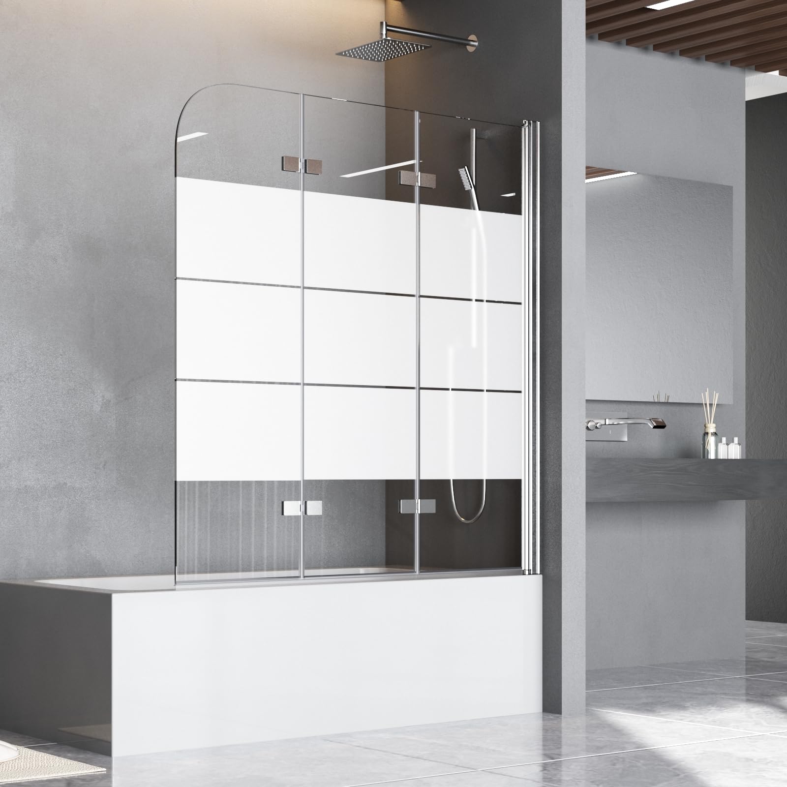 Duschwand für Badewanne 140 x 140 cm Badewannenfaltwand 3-teilig Gestreift Faltbar Duschtrennwand 6mm Nano Glas Silber Faltwand Duschabtrennung