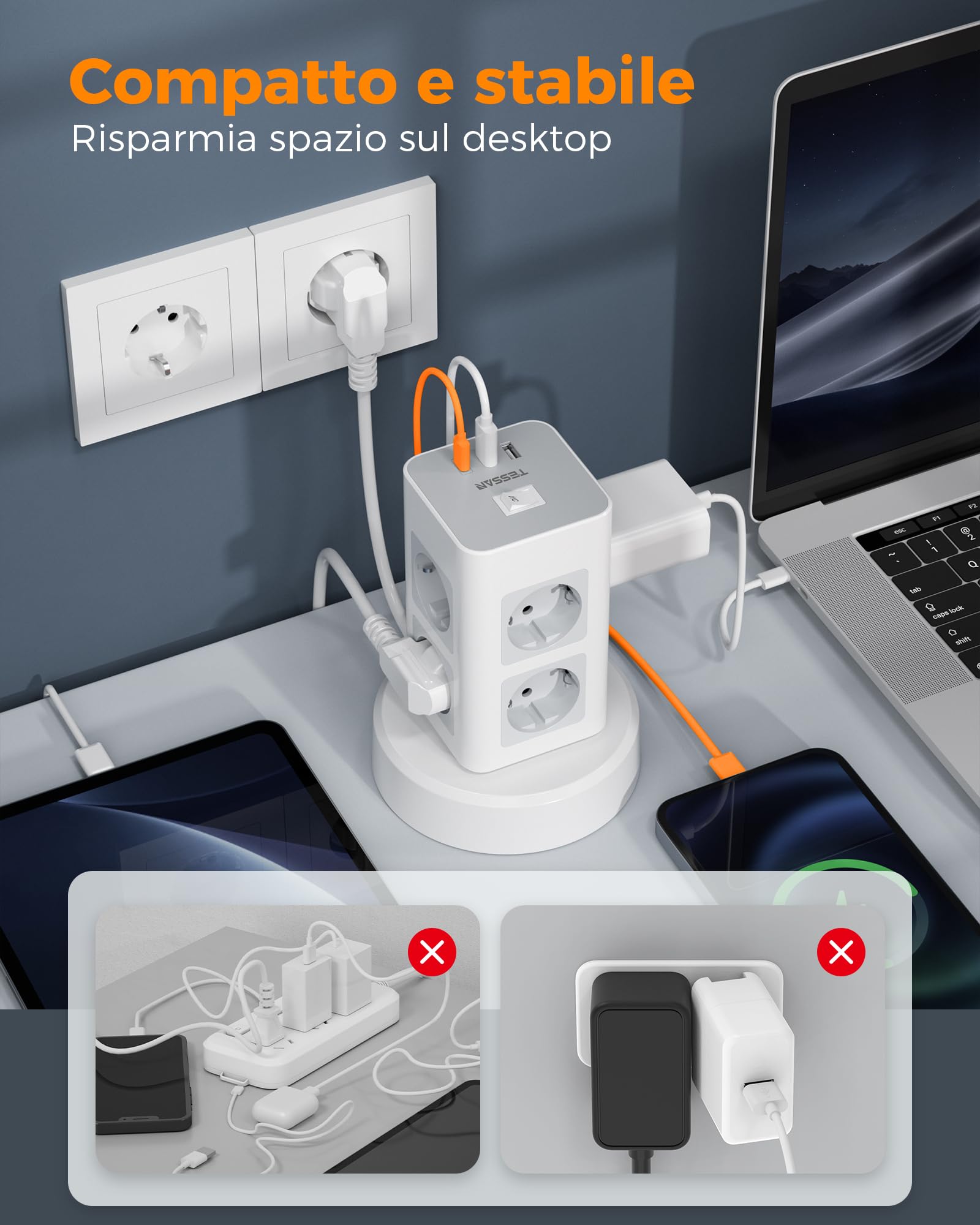 TESSAN Ciabatta Multipresa con 1 USB C, Ciabatta Elettrica con 8 Presa, Prolunga Retrattile 2M, Torretta Multipresa da Scrivania con 1 Interruttori Indipendenti, Girgio