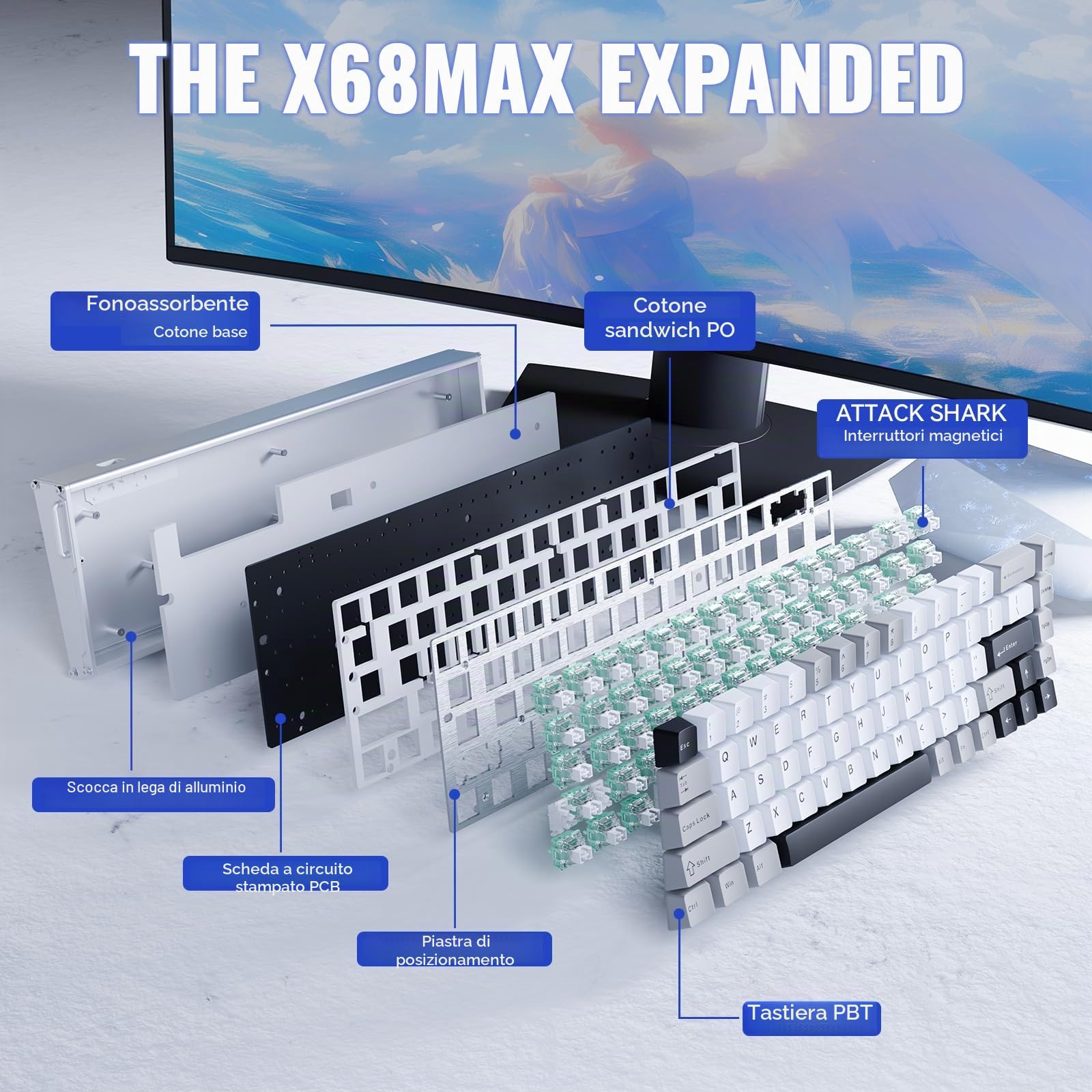 ATTACK SHARK X68MAX HE Tastiera da gioco cablata in alluminio con grilletto rapido e interruttori magnetici,precisione RT di 0,005mm,attuazione regolabile,8KHz,latenza di 0.08ms,RGB