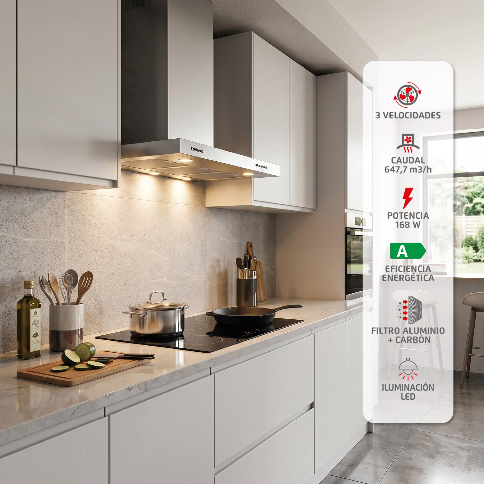 Corbero VOSTOK660X Okap dekoracyjny Poziomy Inox, 60 cm, przycisk, Przepływ 647,7 m3/h, 165W, 3 prędkości, 2 X Filtr Aluminiowy, Filtr Węgiel, Efektywność energetyczna A