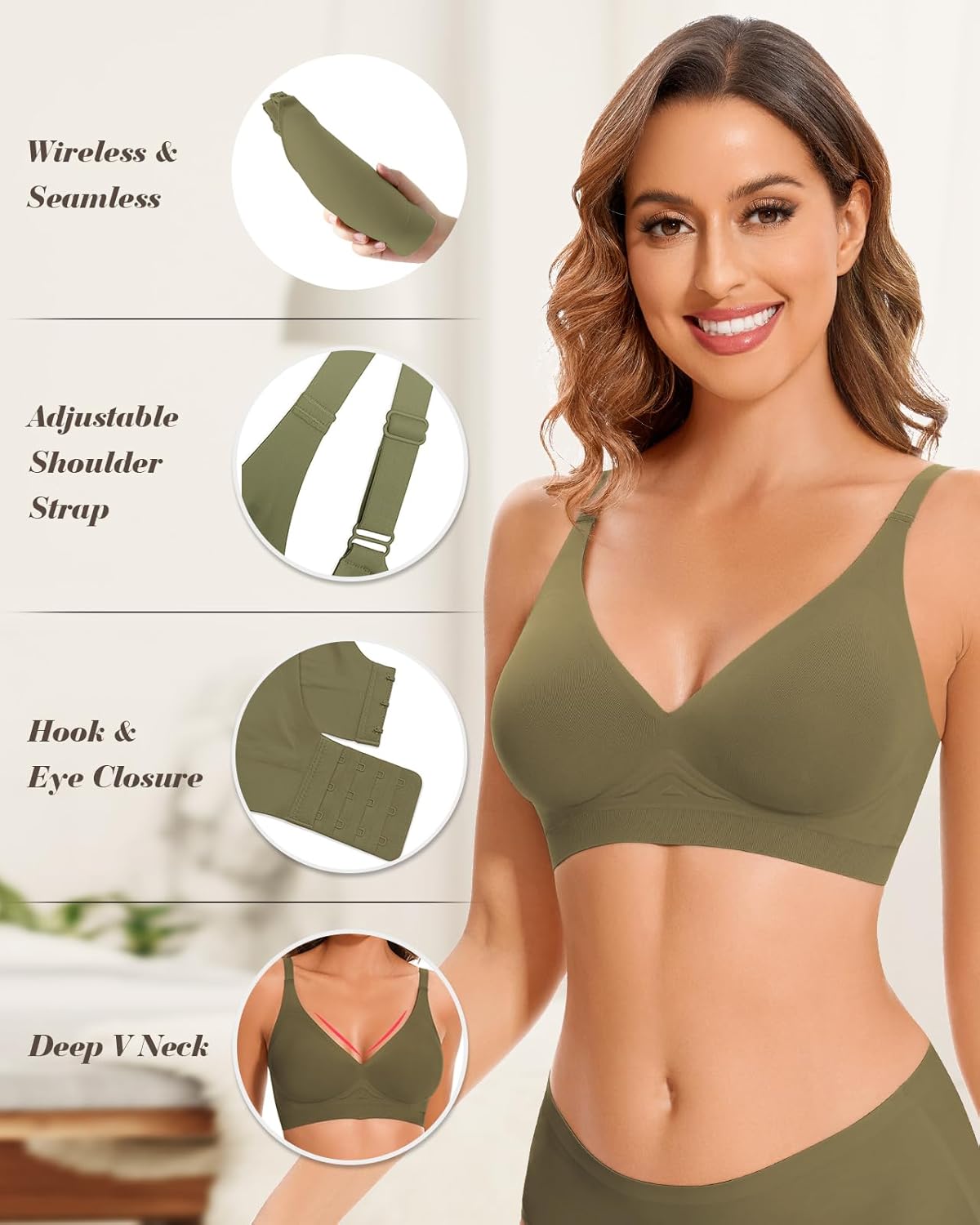 WOWENY Deep V Neck Seamless Wireless Bra for Women Soft Bralettes No Underwire Plunge Adjustable Everyday Bra with Support - Image 6