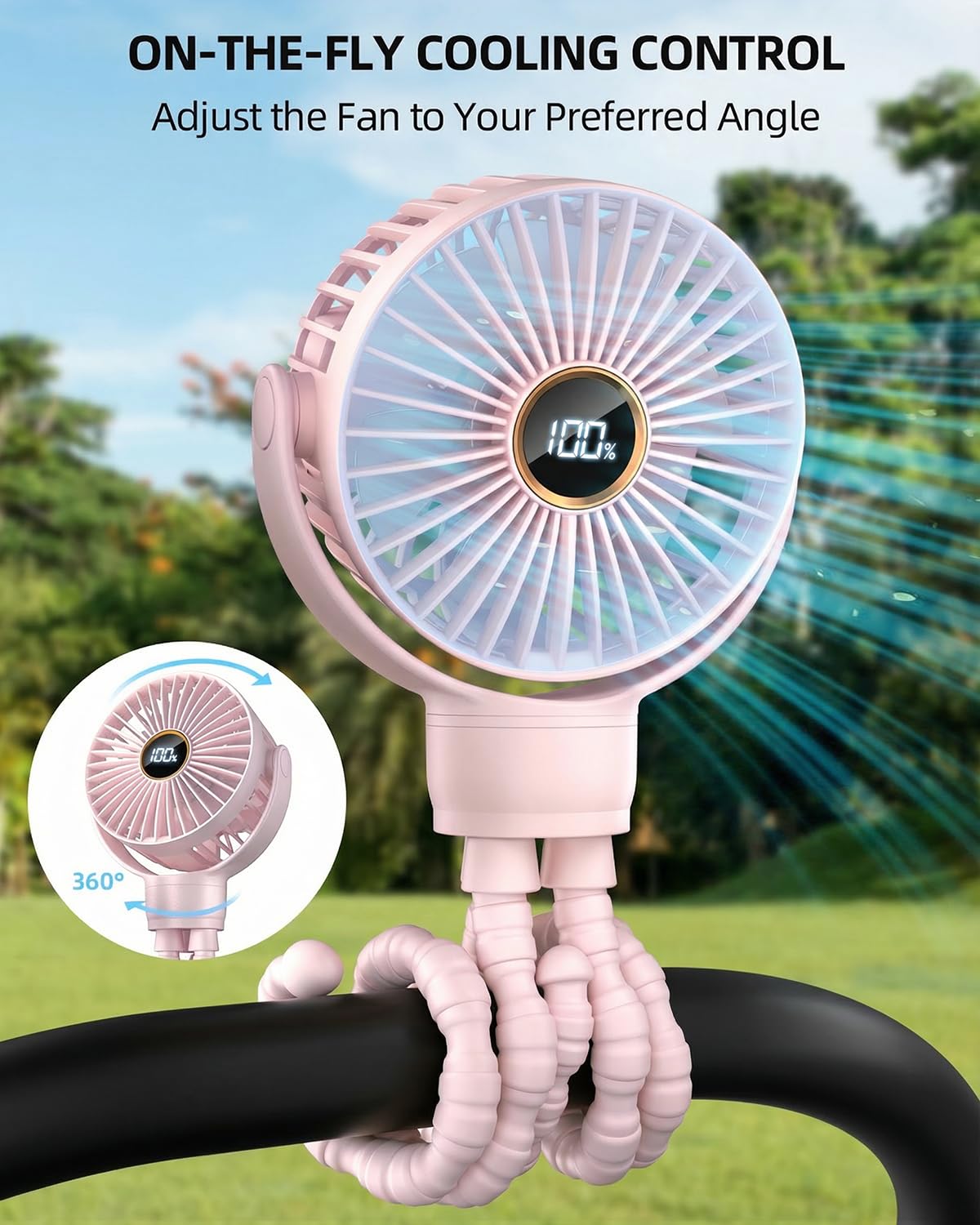 Tragbarer Mini-Ventilator für Kinderwagen, klein, wiederaufladbar, persönlicher Kühler mit 360° Drehung, 3 Geschwindigkeiten, Display, batteriebetriebenes Kinderwagen-Zubehör, Baby-Essentials für