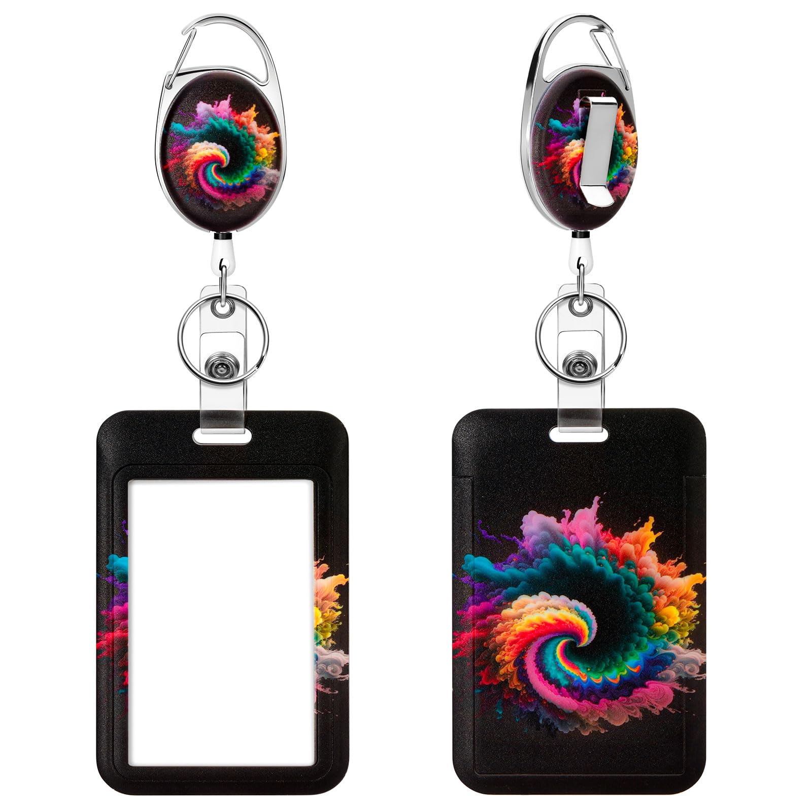 SoleebeeSoleebee 28'' Retractable Badge Reel with Vertical Badge Holder, Retractable Carabiner Keychain with Belt Clip ID Name Card Holder for Nurse Student Teacher (Black Colorful)