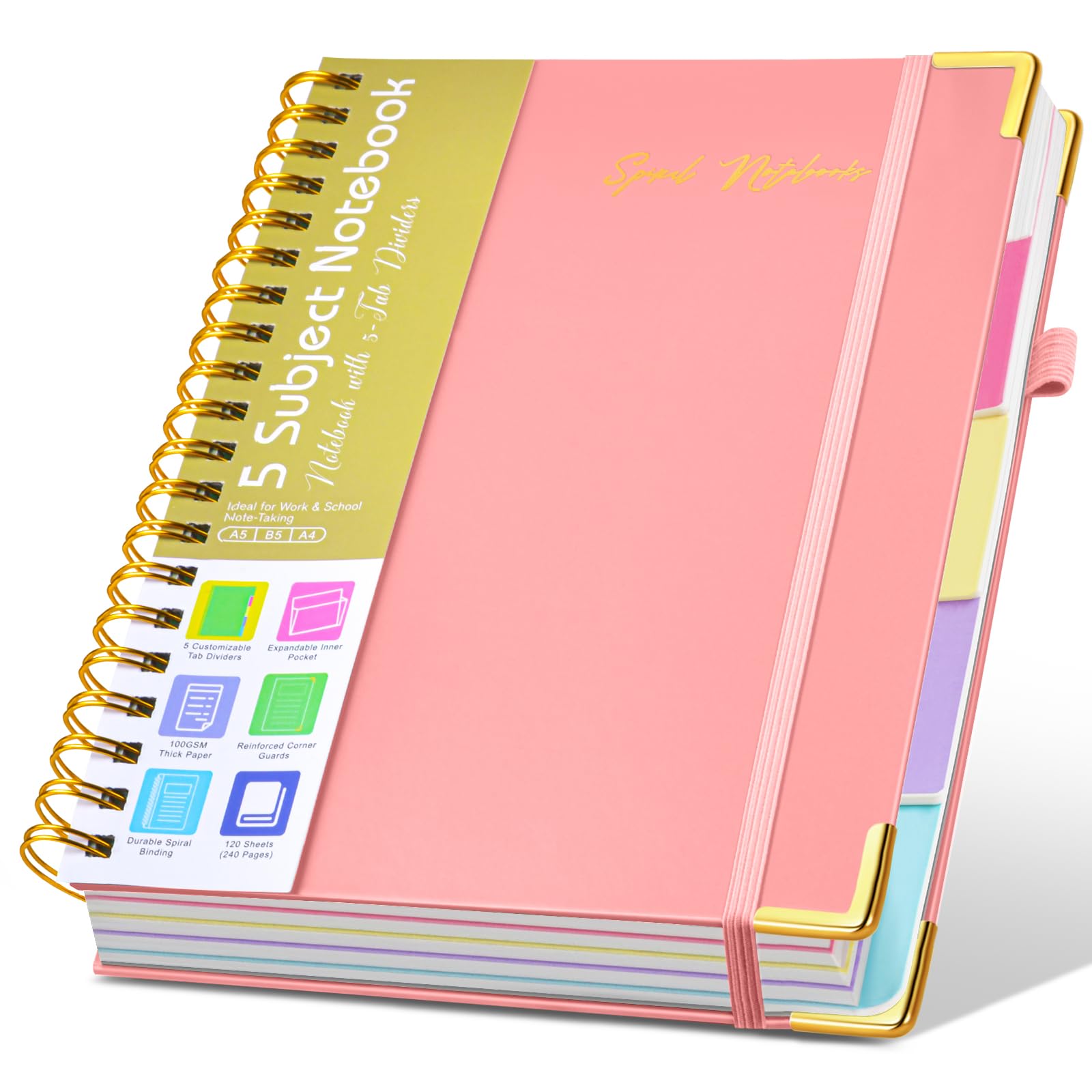 Hardcover Large Spiral Notebook with Removable Dividers Tabs B5 Pink