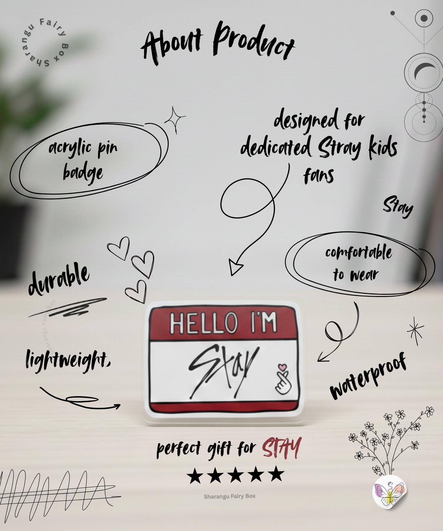 Sharangu STAY Acrylic Pin Badge | Hello I'm Stay | Fan Name Brooch | Lightweight Pin | K-Pop Badge | K-Pop Merchandise Gift for Fans 1