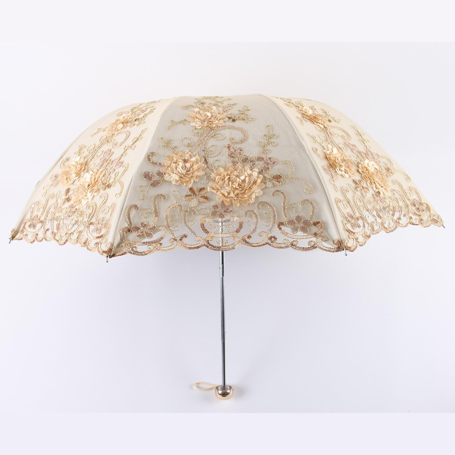 Honeystore Vintage Lace UV Sun Parasol Folding 3D Flower Embroidery Umbrella - Image 2