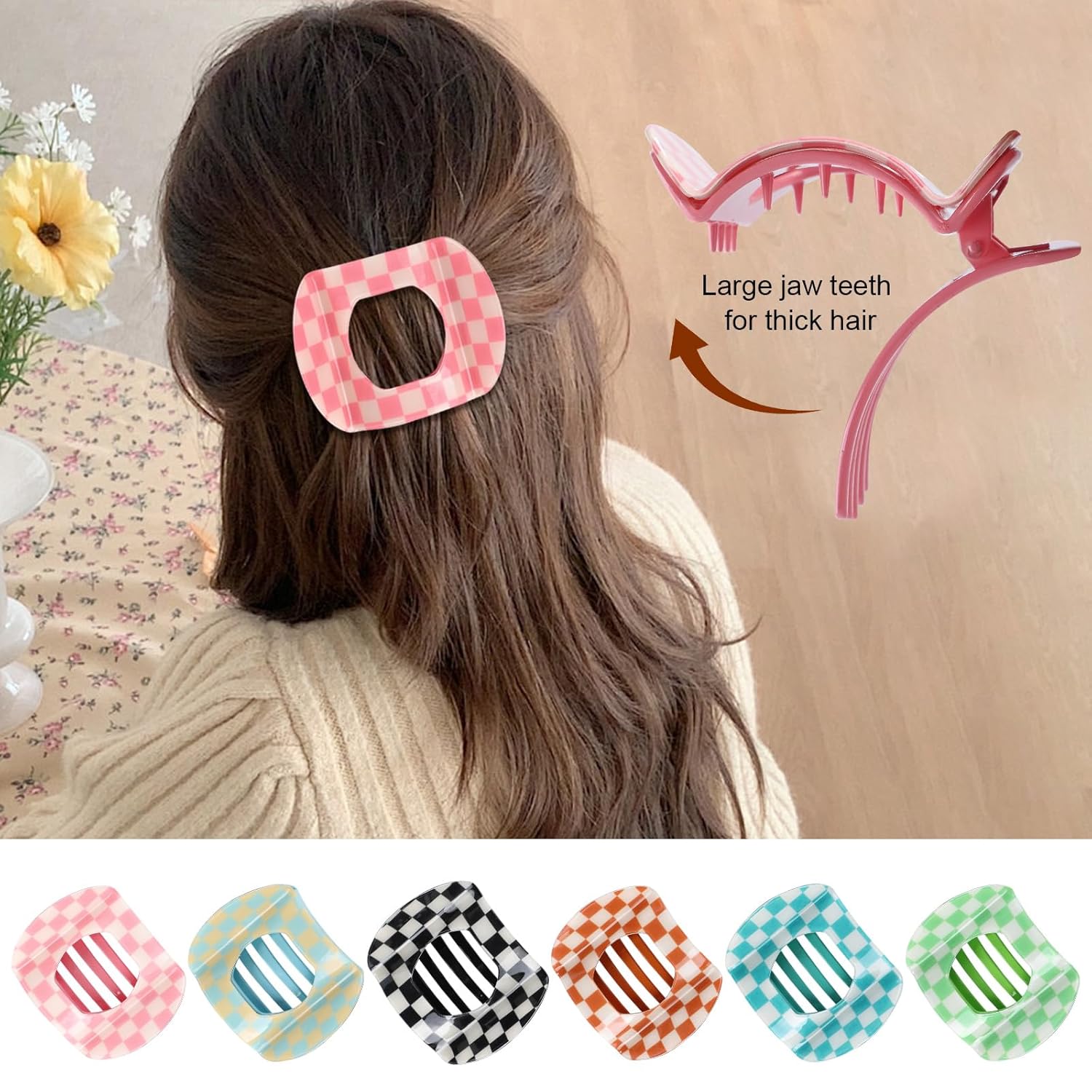 6Pcs Flat Hair Clips for Women,Colorful Checkered Flat Top Round Clip for Thick or Thin Hair,Picura Large Hair Claw Clips Strong Hold No Slip Hair Barrettes - Image 2