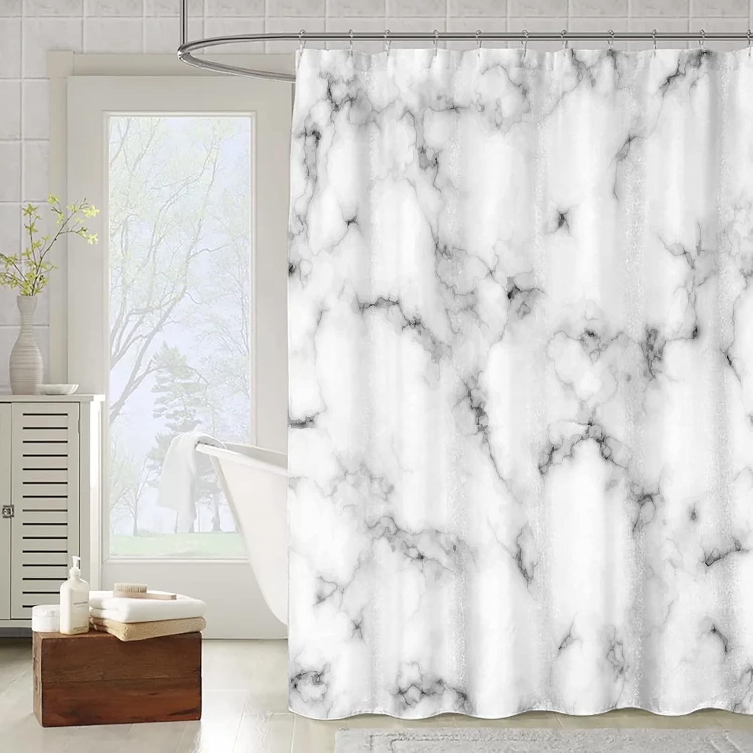 OCEUMACO White Shower Curtain for Bathroom Wet Room Bath Extra Wide 3D