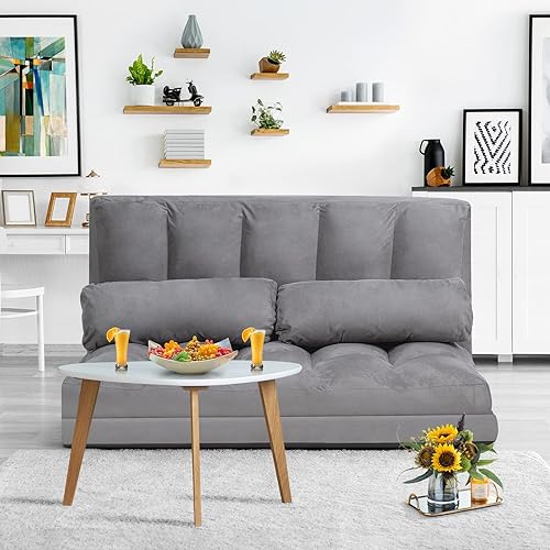 Miniatura 11 de KOMFOTT Sofá cama ajustable de suelo, sofá cama plegable con respaldo de 6 posiciones y 2 almohadas, sofá futón convertible con funda de tela de