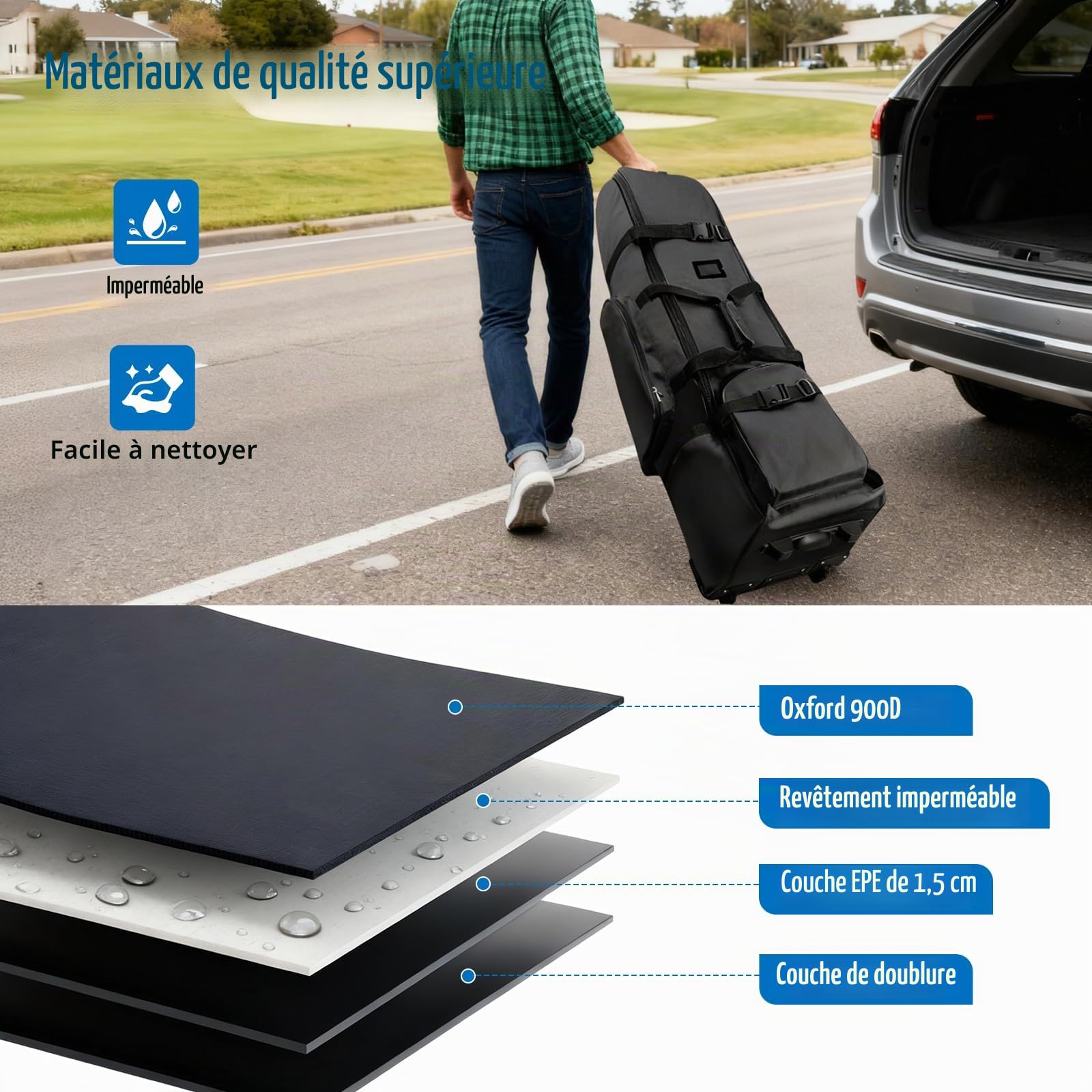 Sac de Voyage de Golf à roulettes | étui de Transport de Golf en Tissu Oxford 900D épais et Imperméable avec Sac de Nettoyage pour Clubs et Balles