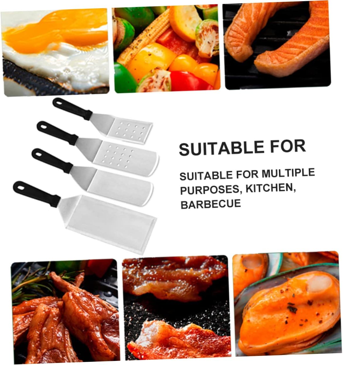 Mikinona 6pcs Bbq Spatula Set Stainless Steel Pizza Shovel Pancake Turner with Non-slip Handle High-temperature Resistant Cooking Tool for Grilling and Baking