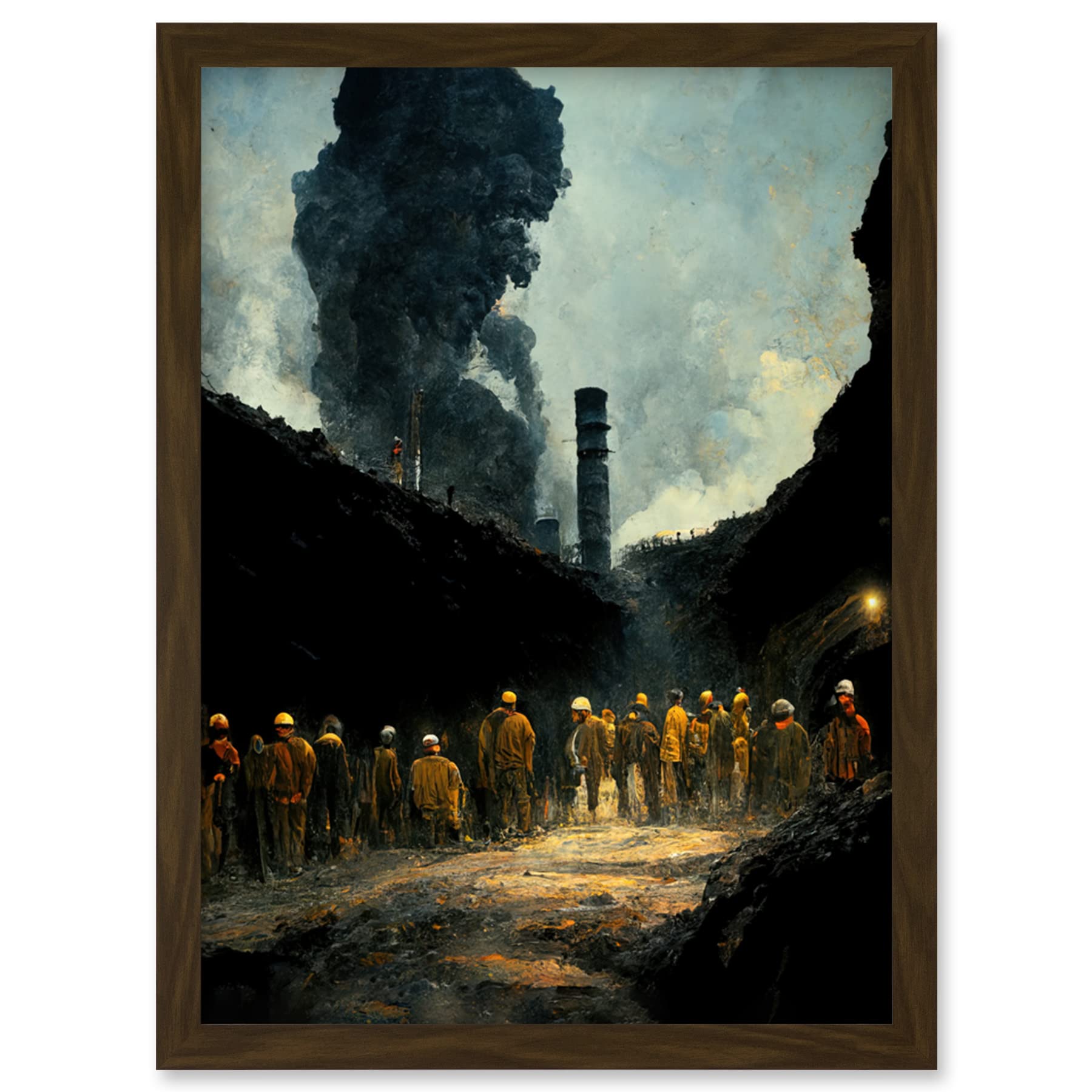 Coal Miners Colliery 1972 South Wales UK Artwork - Framed Wall Art Print - A4 Size - Brown