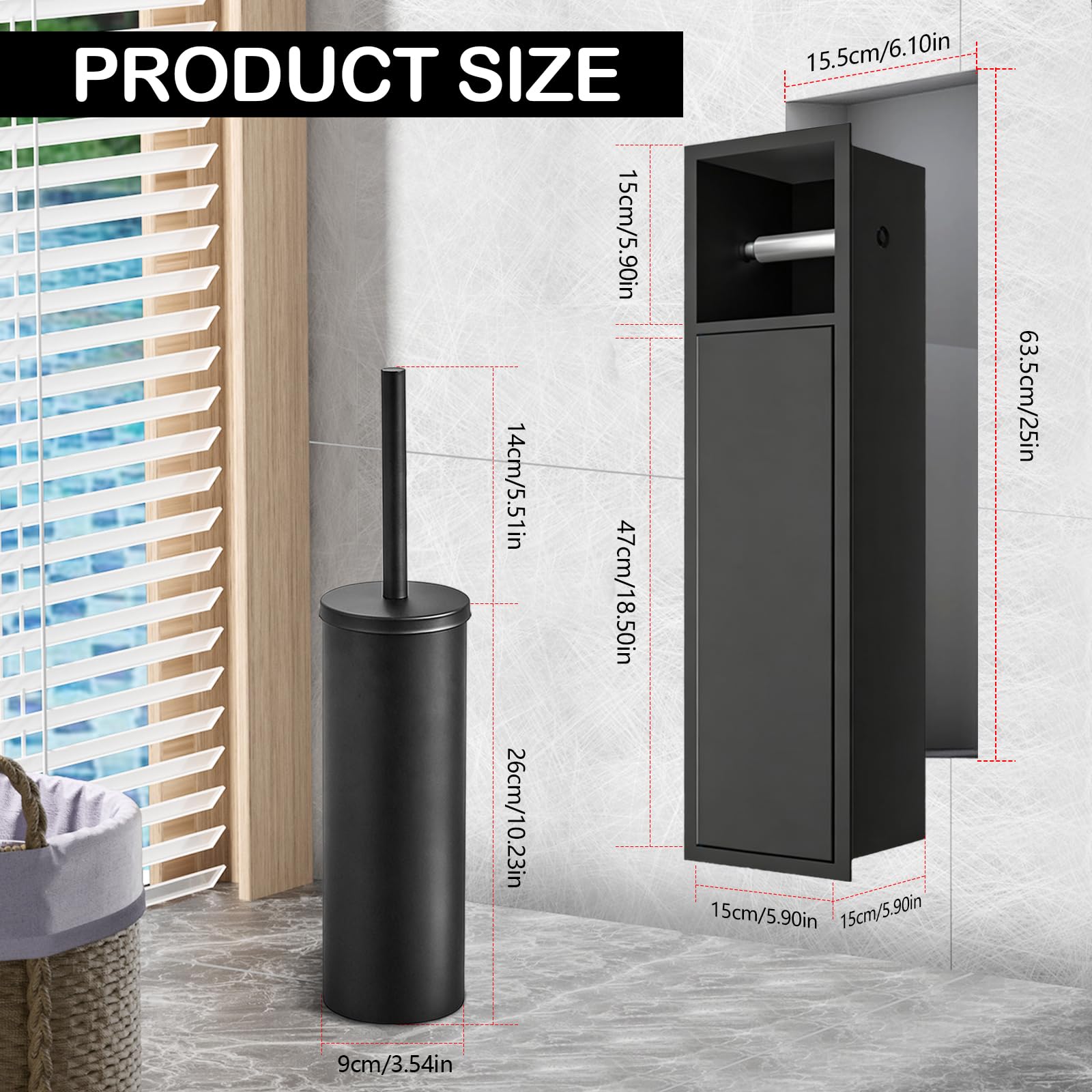 Portarrollos De Papel HigiéNico Empotrado, Unidad Almacenamiento De Papel HigiéNico De Acero Inoxidable Negro con Puerta Corredera Portarrollos con Juego De Escobilla Accesorios De BañO 66x18x15 Cm