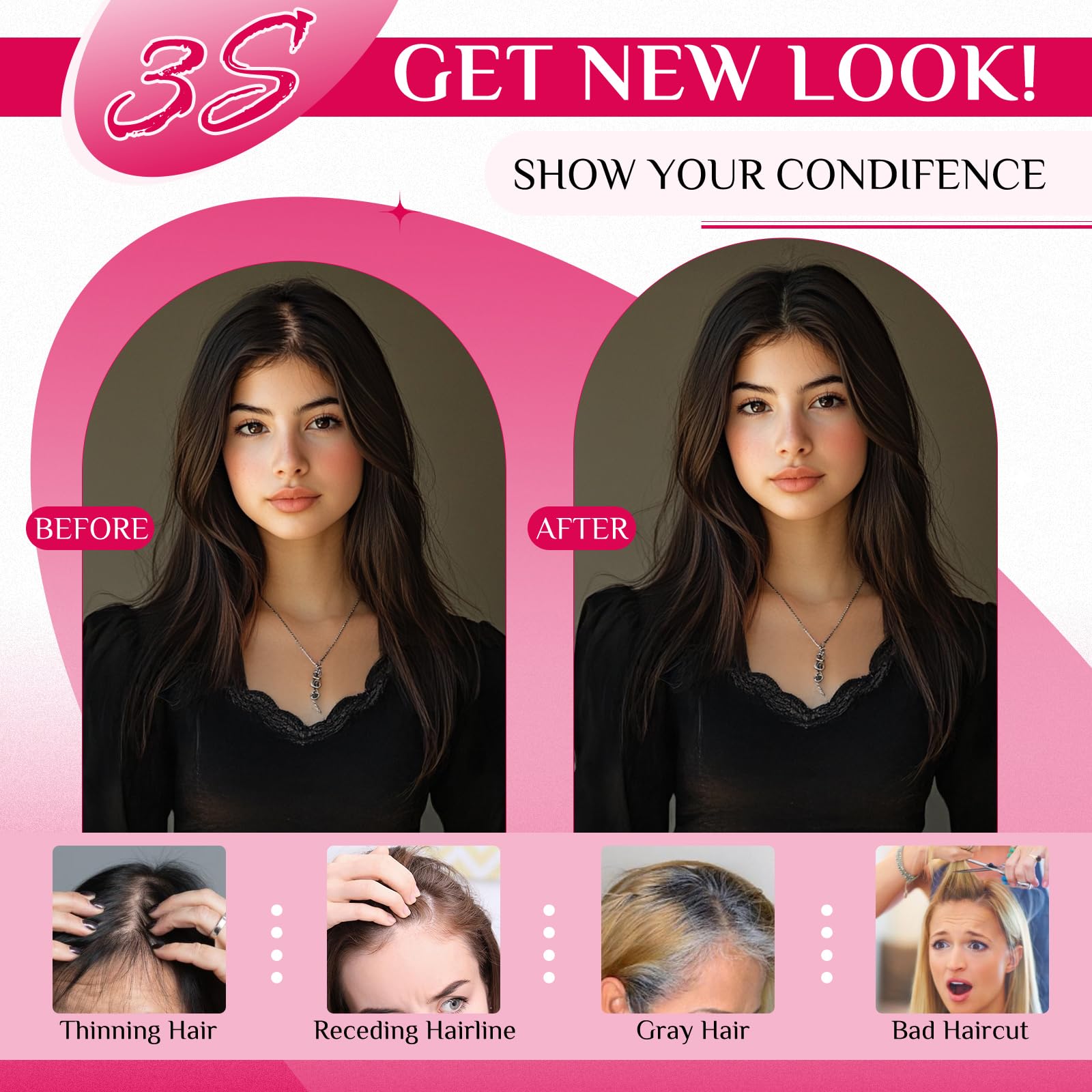 MY-LADY Topper Cheveux Humain Femme, Marron Foncé Volumateur Capillaire Naturel Fin Pour Femme Fille 21g Extension à Clip Cheveux Sans Frange(#02)