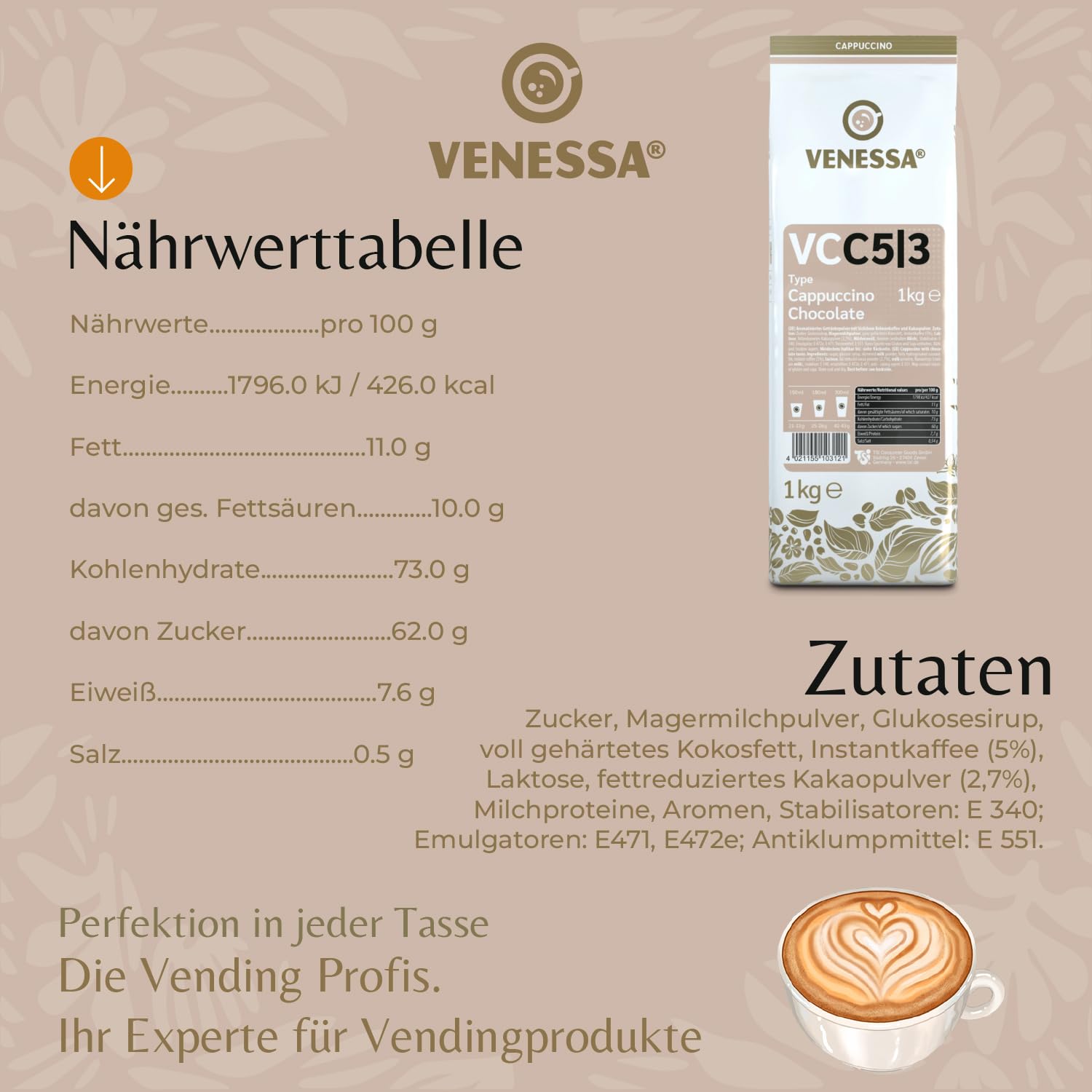 VENESSA Cappuccino Chocolate VC5/3 kremowa gorąca czekolada, kakao w proszku, 20 x 1 kg, z rozpuszczalną kawą i kakao w proszku, nadaje się do wszystkich ekspresów do kawy i Vending