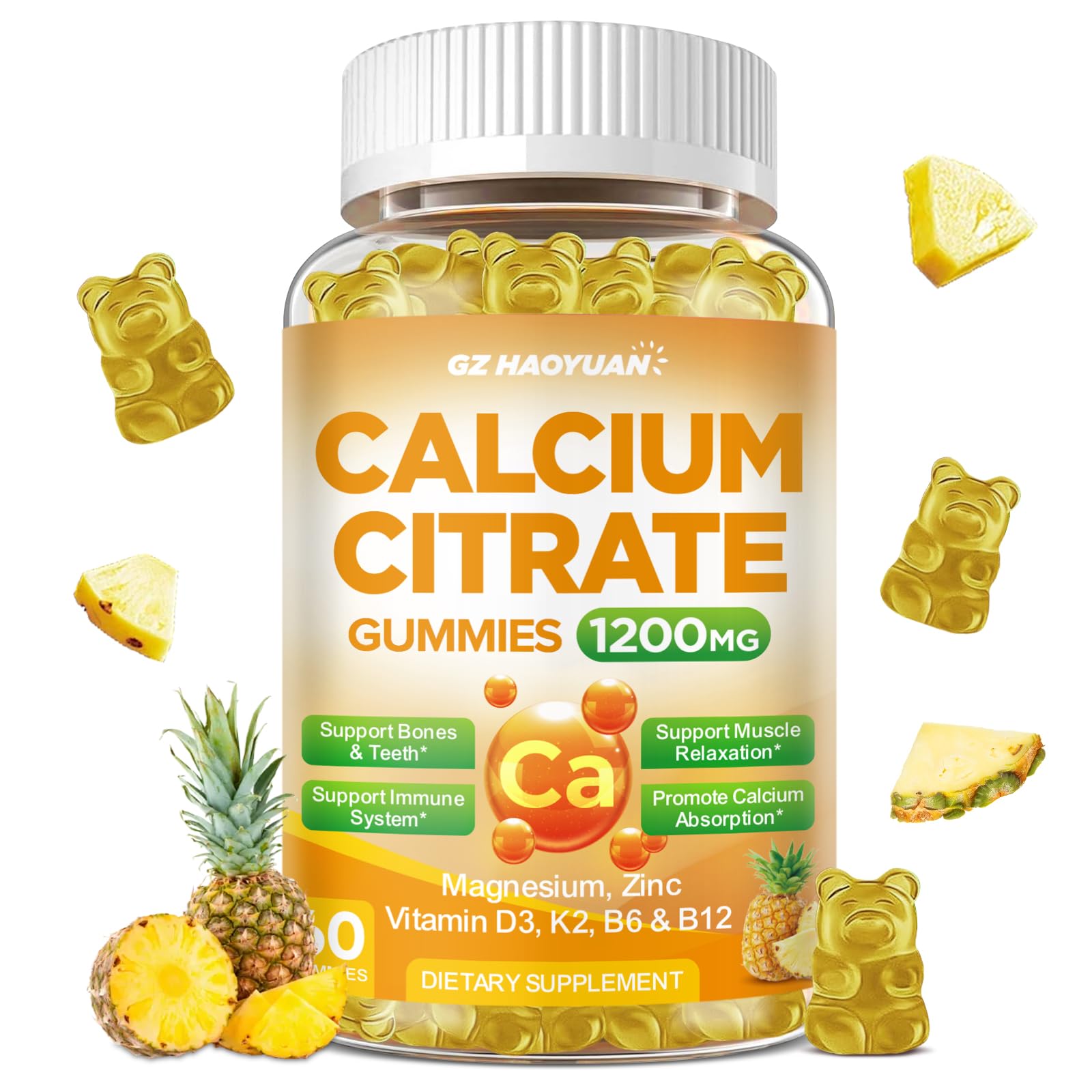 Calcium Citrate Gummies - 1200mg Calcium Gummies Supplements for Women & Men with Vitamin D3, K2, Magnesium, Zinc High Absorption for Bone, Muscle & Immune Support, Pineapple Flavor, 60 Count Pineapple 60 Count (Pack of 1)