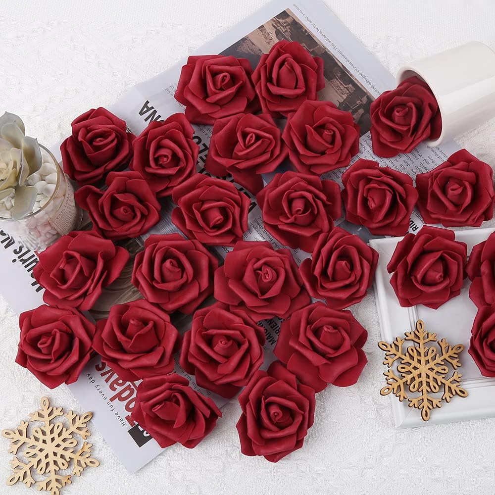 IPOPU Artificial Rose Flower Heads, 100 Pcs Real Looking Burgundy Foam Fake Roses for DIY Wedding Baby Shower Centerpieces Arrangements Party Tables Home Decorations (Wine red, Stemless)
