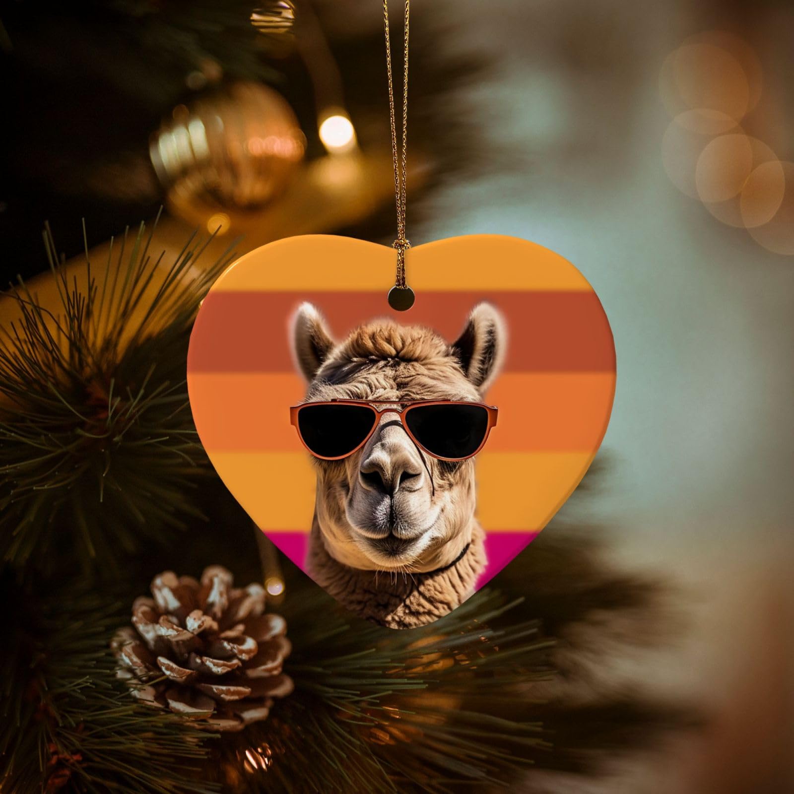Christmas Tree Ornaments Ceramics Christmas Decorations Camel Wearing Sunglasses Ornaments with Gold Ribbon Porcelain Xmas Tree Crafts Heart Shape Hanging Pendant for Christmas Tree Party Decor