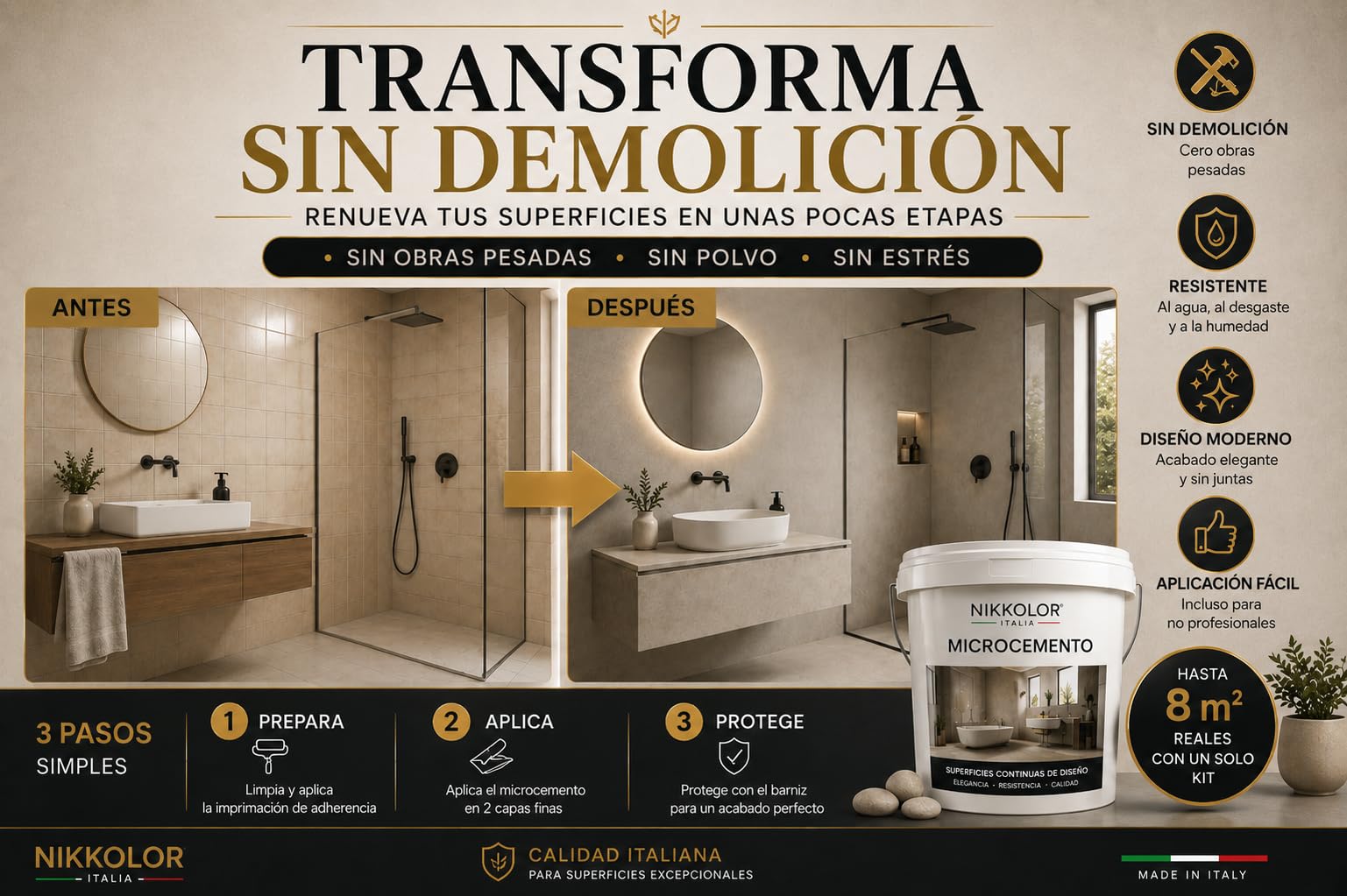 Kit Microcemento 8 m² para suelos y paredes – Semibrillante – 07