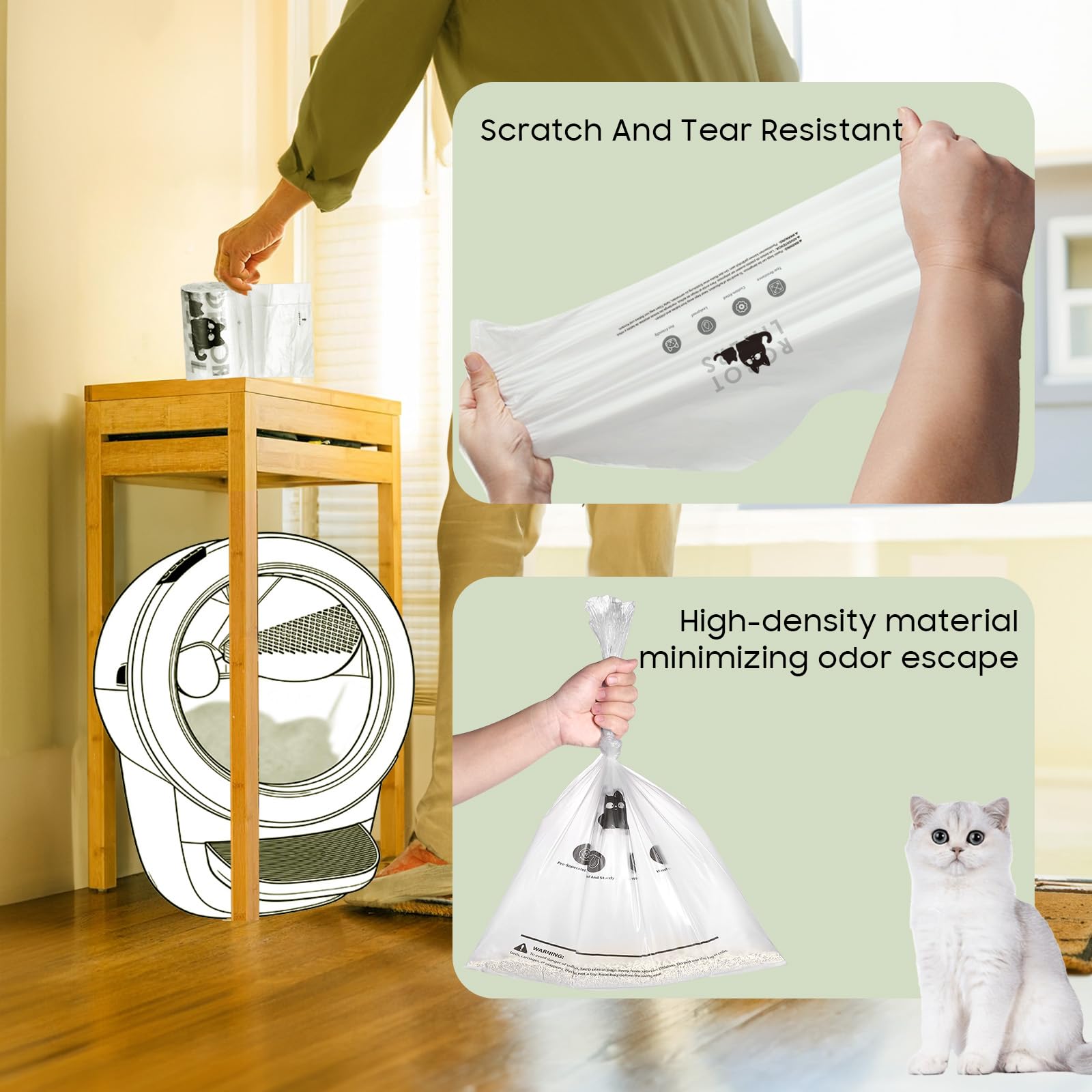 Paquete de 150 bolsas de basura para gatos Robot 4 y 3, bolsas de basura automáticas, sin desgarros, compatible con sensores, capacidad de 9-11 galones