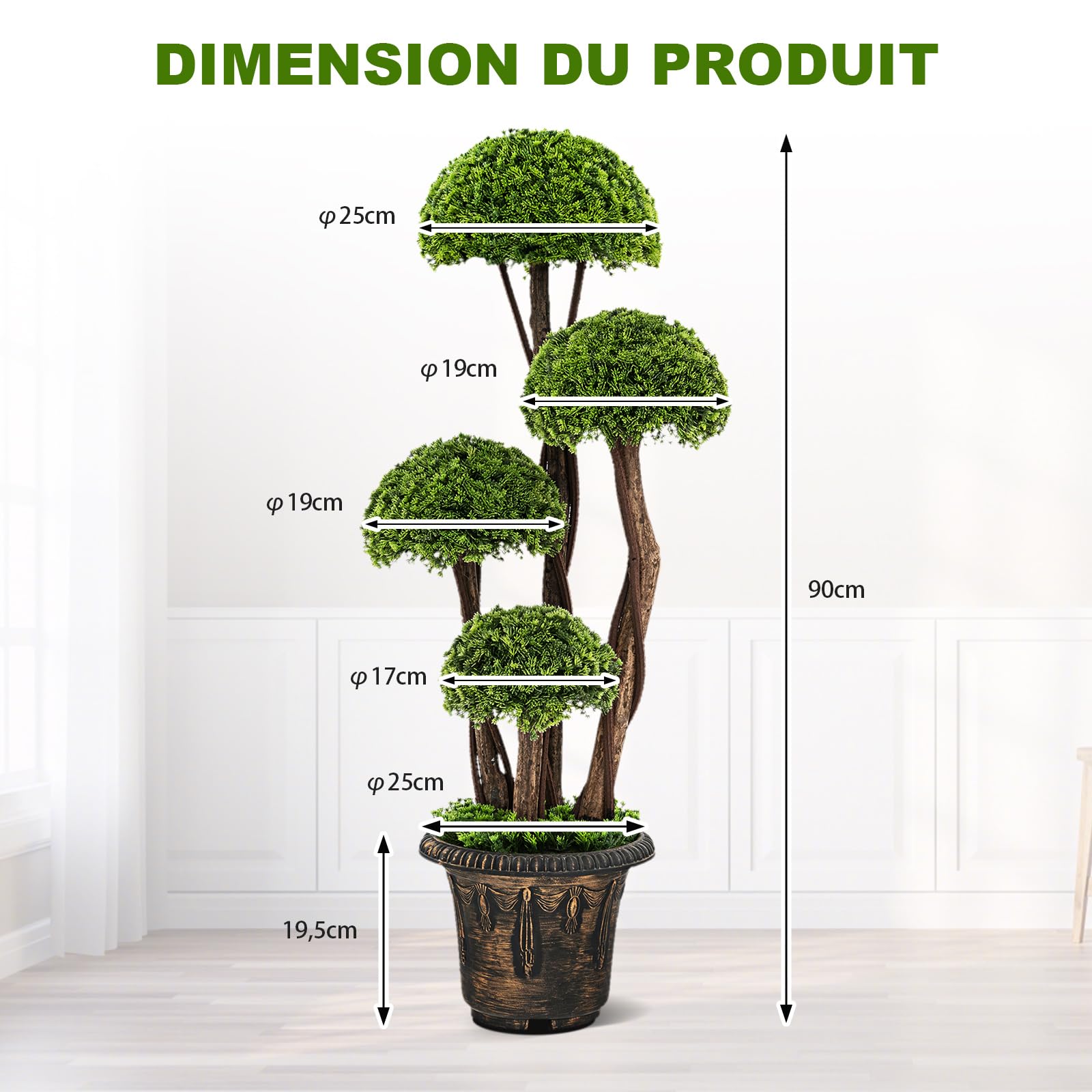 COSTWAY Arbre Artificiel en Cèdre 90 cm avec 4 Boules de Cèdre, Faux Cyprès Topiaire avec Tronc en Rotin Pot Rempli de Ciment, pour Décoration de Maison Bureau Jardin Balcon