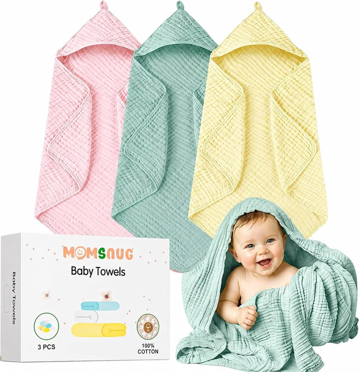 Muslin Hooded Baby Bath Towel Set 3 Pack, Muslin Cotton Baby Towels with Hood for Newborn, Baby Beach Towels for Boy, Girl, Babies, Infant, Toddler and Kids (35 X 35 Inch)(Light Green + Pink + Yellow)