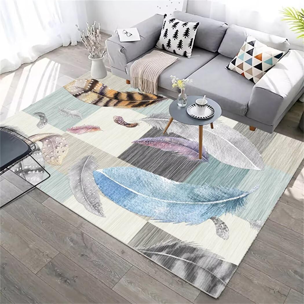 Tapis intérieur 200x250cm grand tapis lavable bleu motif plumes