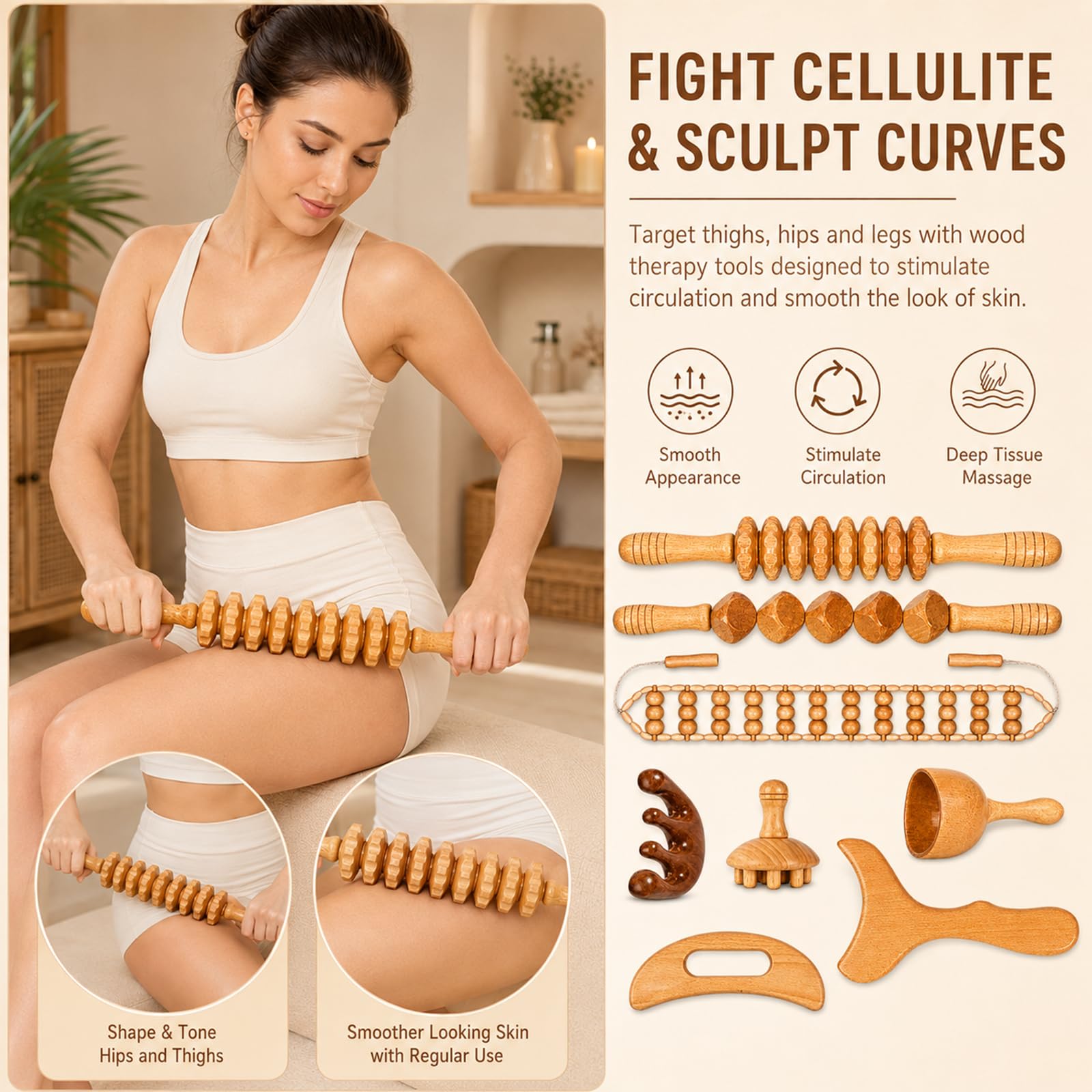 Maderotherapie Set 8 in 1, Holz Massage Set mit Faszienrolle & Faszienstab