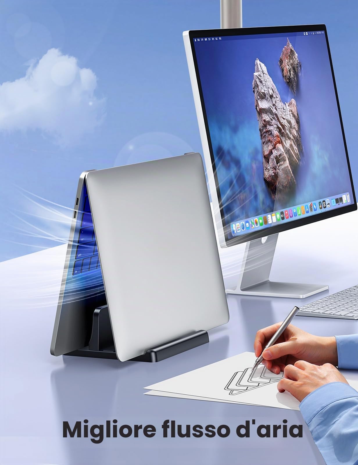 VAYDEER Supporto verticale laptop, supporto verticale 3 in 1 salvaspazio per posizionamento verticale, compatibile con MacBook Air, MacBook Pro, iPad, tablet notebook fino a 17,3 pollici, bianco