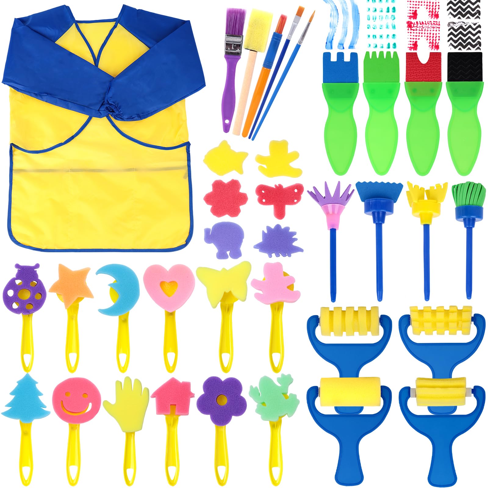 BigOtters45PCS Kids Paint Brushes Sponge Kits, Painting Brushes Drawing Tools Kits, Washable Paint Brushes for Toddler Kids Early DIY Learning Toys and Kids Gifts School Prizes Art Party