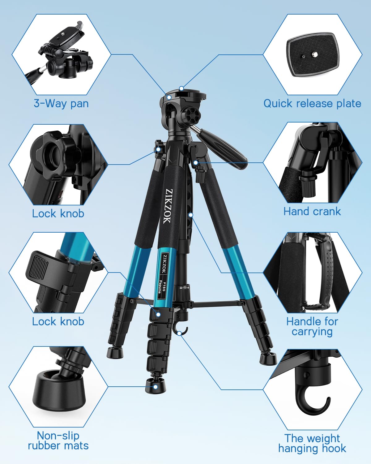 Treppiede da 190,5 cm, telecomando Bluetooth, carico max 6,8 kg, da viaggio, in alluminio per DSLR/telefono/tablet/proiettore, testa panoramica a 3 vie, piastra a sgancio rapido, pieghevole (blu)