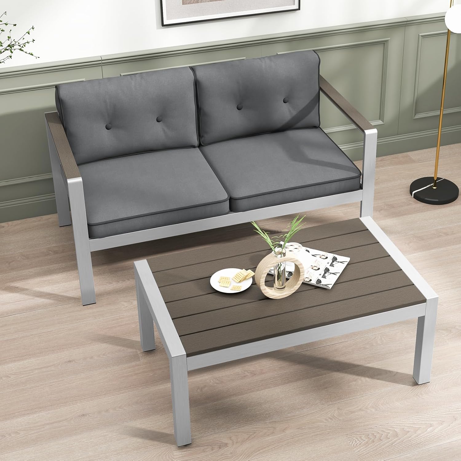 HAPPYGRILL Outdoor Coffee Table with Aluminum Frame, WPC Top Patio Side Tea Table, Home Rectangular Accent Cocktail Table, All-Weather Coffee Table for Patio, Poolside, Backyard