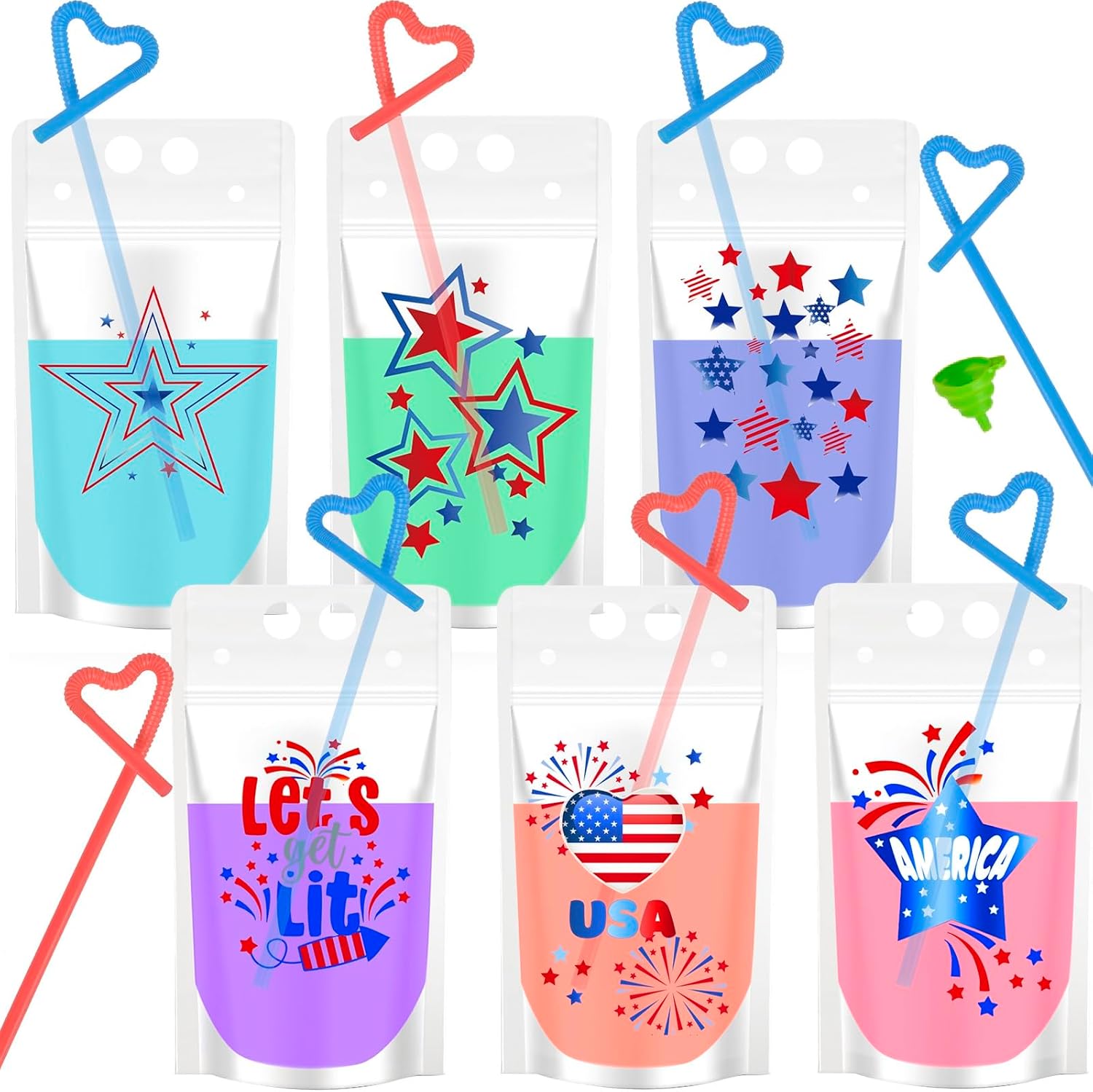 ChezMax 24PCS Drink Pouches for adults, 4th of July Drink Pouches with Straws, USA Party Favors, American Flag 4th of July Party Supplies, Pouches Stand up Bags, Juice Pouches, 6 Styles, 500 ML