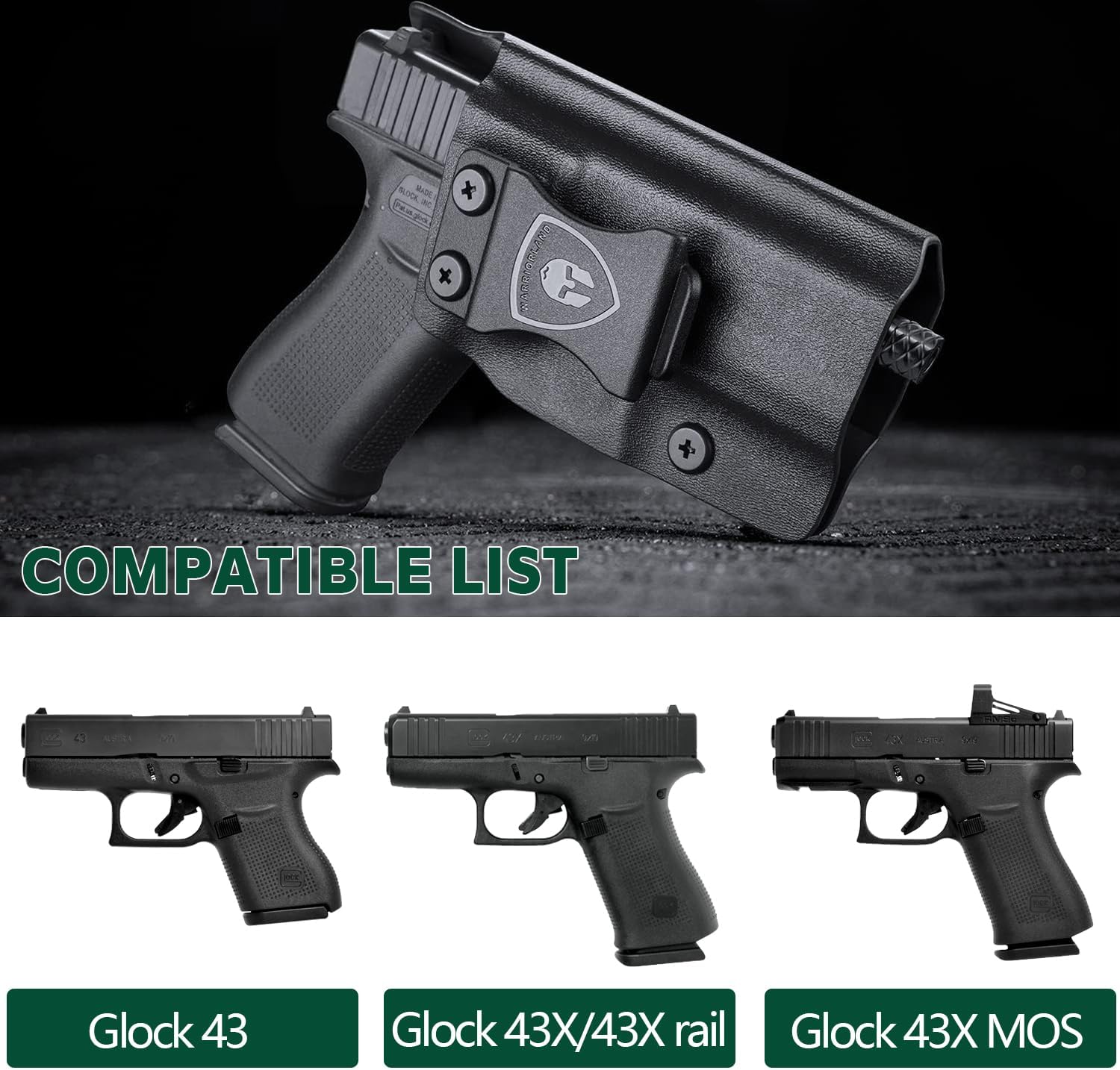 WARRIORLAND IWB Kydex Holster Compatible with Glock 43X / G43 / G43X MOS Pistol, Inside Waistband Concealed Carry, Adj. Posi-Click Retention & Cant, Right Hand/Left Hand Option