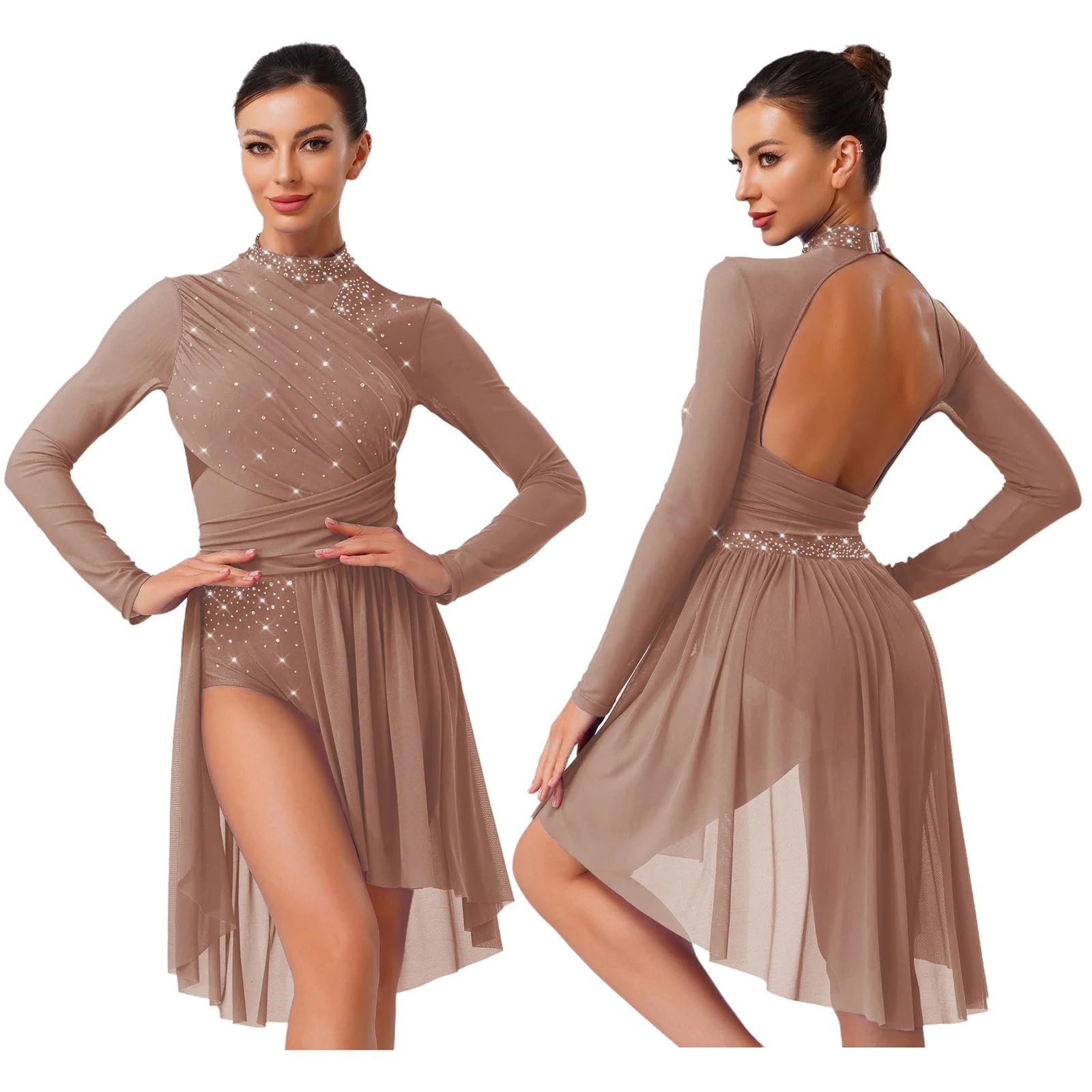 Vestido de Patinaje artístico con Purpurina for Mujer, diseño Irregular Malla degradada, Ideal for Gimnasia, Ballet, Danza lírica y Otras presentaciones