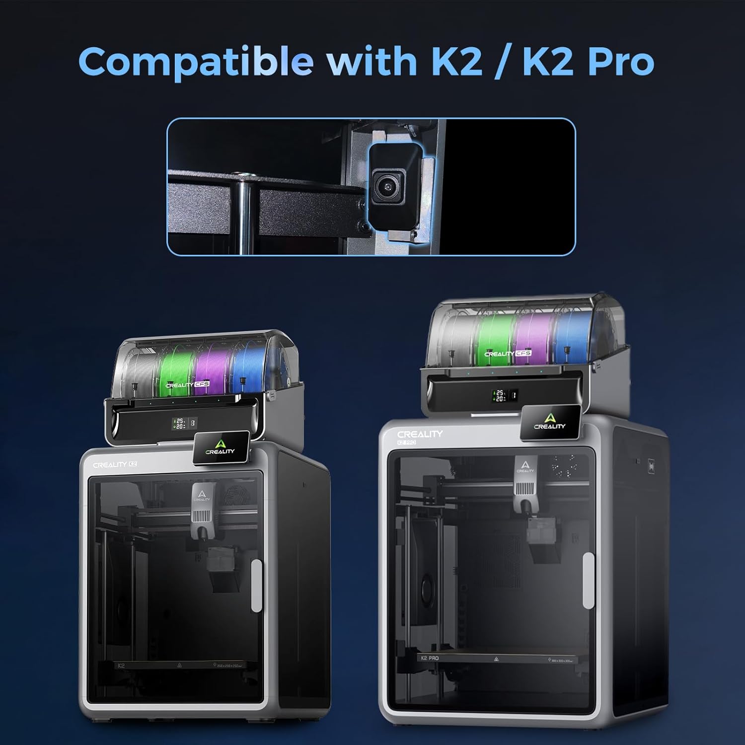 Image showing the Creality K2 and K2 Pro 3D printers with an inset highlighting the installed Chamber AI Camera within the printer's enclosure.