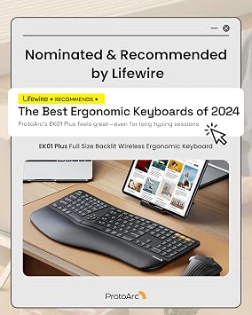 ProtoArc Backlit Bluetooth Ergonomic Keyboard، EK01 Plus لوحة مفاتيح مقسمة لاسلكية كاملة الحجم مع بلوتوث مزدوج وUSB، مسند معصم مبطن، قابل لإعادة الشحن، متوافق مع Windows/Mac/Android، أسود