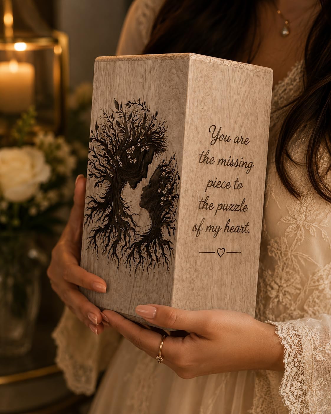 Wooden Cremation Urn for Human Ashes – Romantic Tree Couple Design Memorial Urn Box with Heartfelt Quote – Handmade Funeral Keepsake Urn for Adult Ashes Home Display (((8X5-115 Cu.in)))
