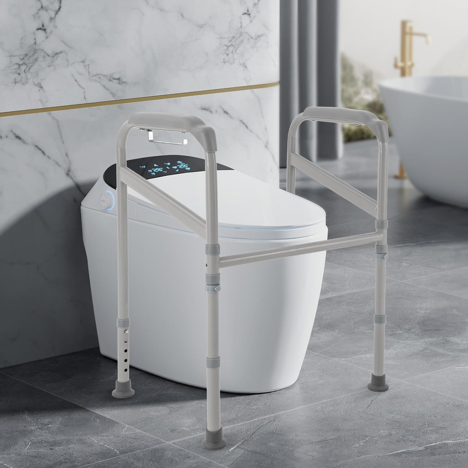 Podpórka toaletowa, składana, pomoc przy wstawaniu, z regulacją wysokości, pomoc w wstawaniu do WC, do 200 kg, instalacja bez otworów, dla seniorów, kobiet w ciąży i rannych