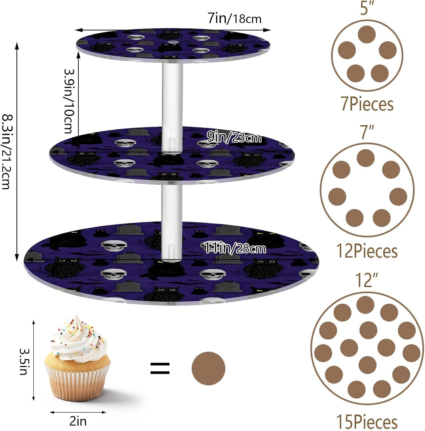 Skull Cat Owl Tombstone Halloween 3 Tier Acrylic Cupcake Stand, Cupcake Stand for 34 Cupcakes for Weddings, Christmas,Holidays,Parties,Birthday,Printed Cupcake Tower 23300342