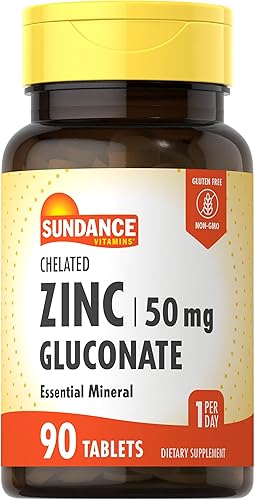Gluconato de zinc de 50 mg | 90 tabletas | Mineral esencial quelado | Suplemento vegetariano, sin OMG y sin gluten | por Sundance