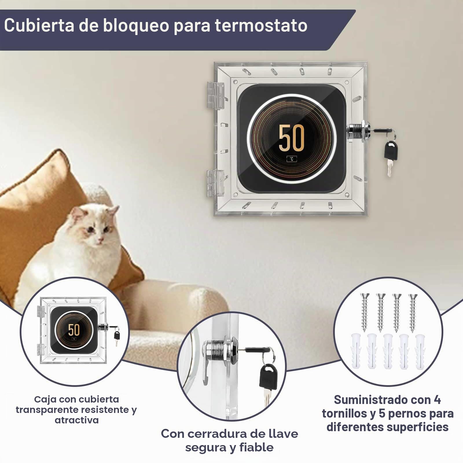 Caja protectora de termo acrílico montada en la pared con 4 tornillos y pernos, cubierta protectora transparente para termostato para restaurantes, escuela,