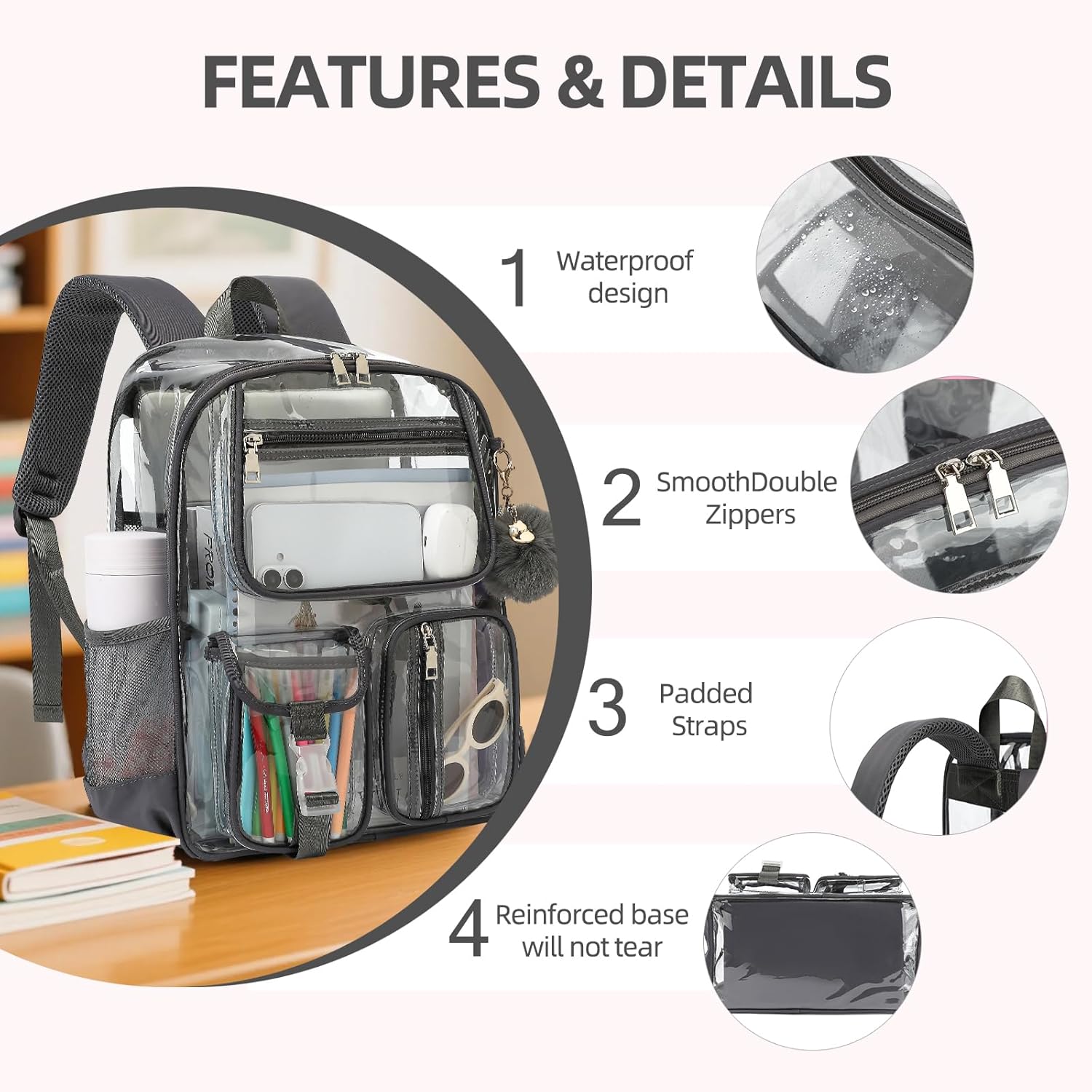 Clear Backpacks for Girls Boys, Heavy Duty PVC Transparent School Bookbag See Through Back Pack for College Work Travel (Dark Grey) - Image 5