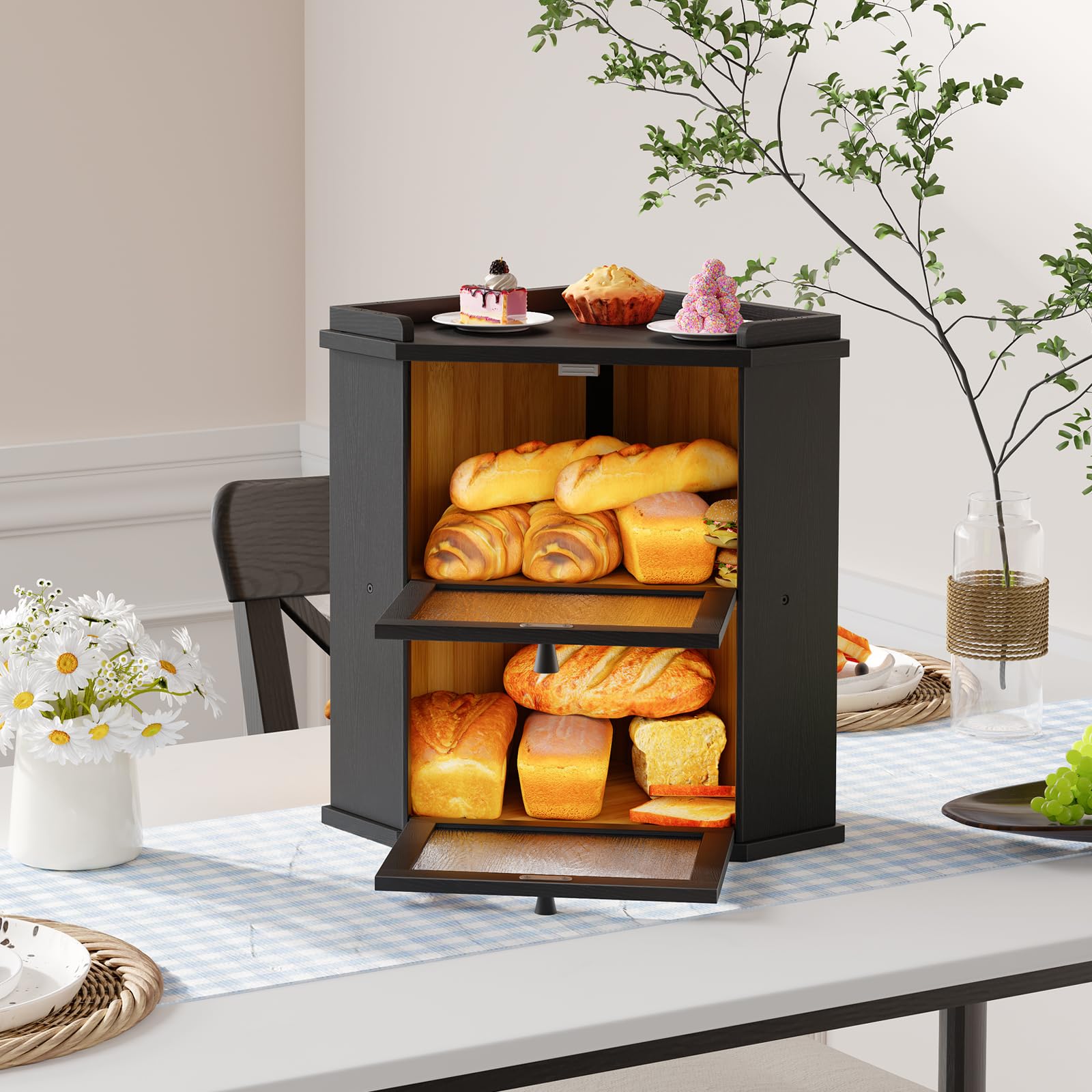 HOOBRO Bambusowy 2-poziomowy pojemnik na chleb z górną półką, kuchenny pojemnik na chleb z wypustkami, pojemnik na chleb do kuchni i jadalni, czarny i naturalny EBK19MB01
