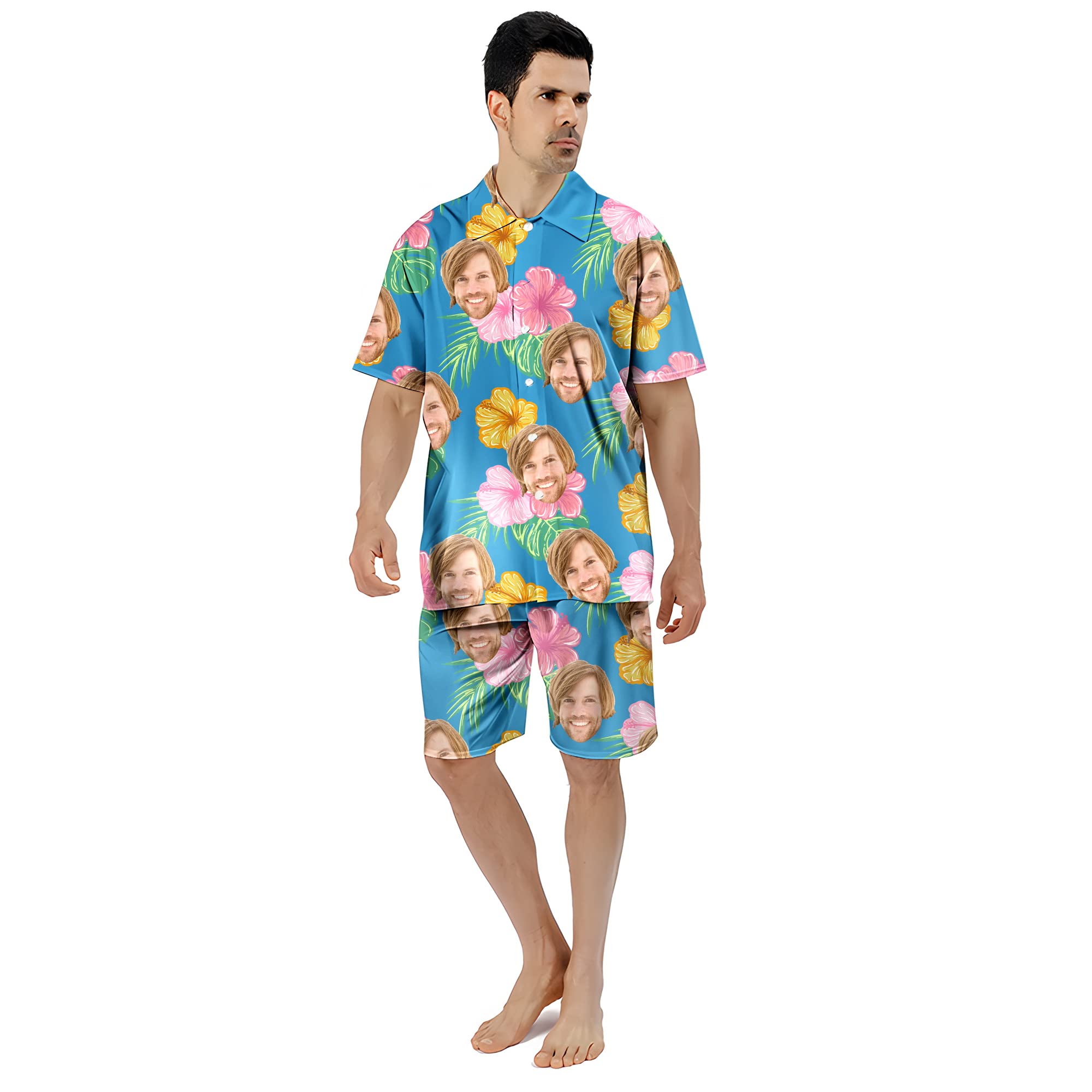 KEMEILA Cara Personalizada Verano Camisa Hawaiana | Personalizada Foto Flor Imprimir Camisetas | Camisa de los Hombres para la Fiesta en la Playa para el Marido Novio hermano Papá Hijo