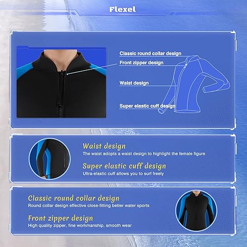 Vista 3 de FLEXEL Traje de neopreno para mujeres y hombres, traje de neopreno de manga larga de 0.079 pulgadas con cremallera frontal de 0.118 pulgadas, 0.079