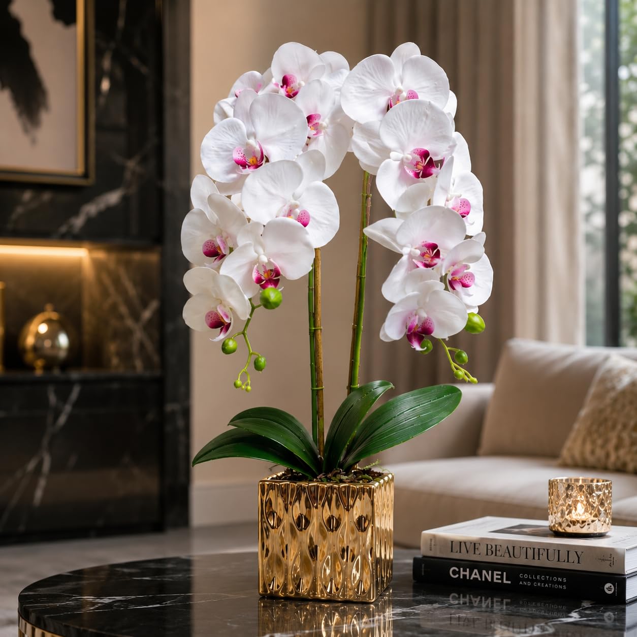 PASCH® Orchidées artificielles - Fleurs artificielles en pot - Fleurs artificielles semblables à de vraies - Orchidées artificielles en pot - Fleurs artificielles en pot (blanc/doré (65 cm)